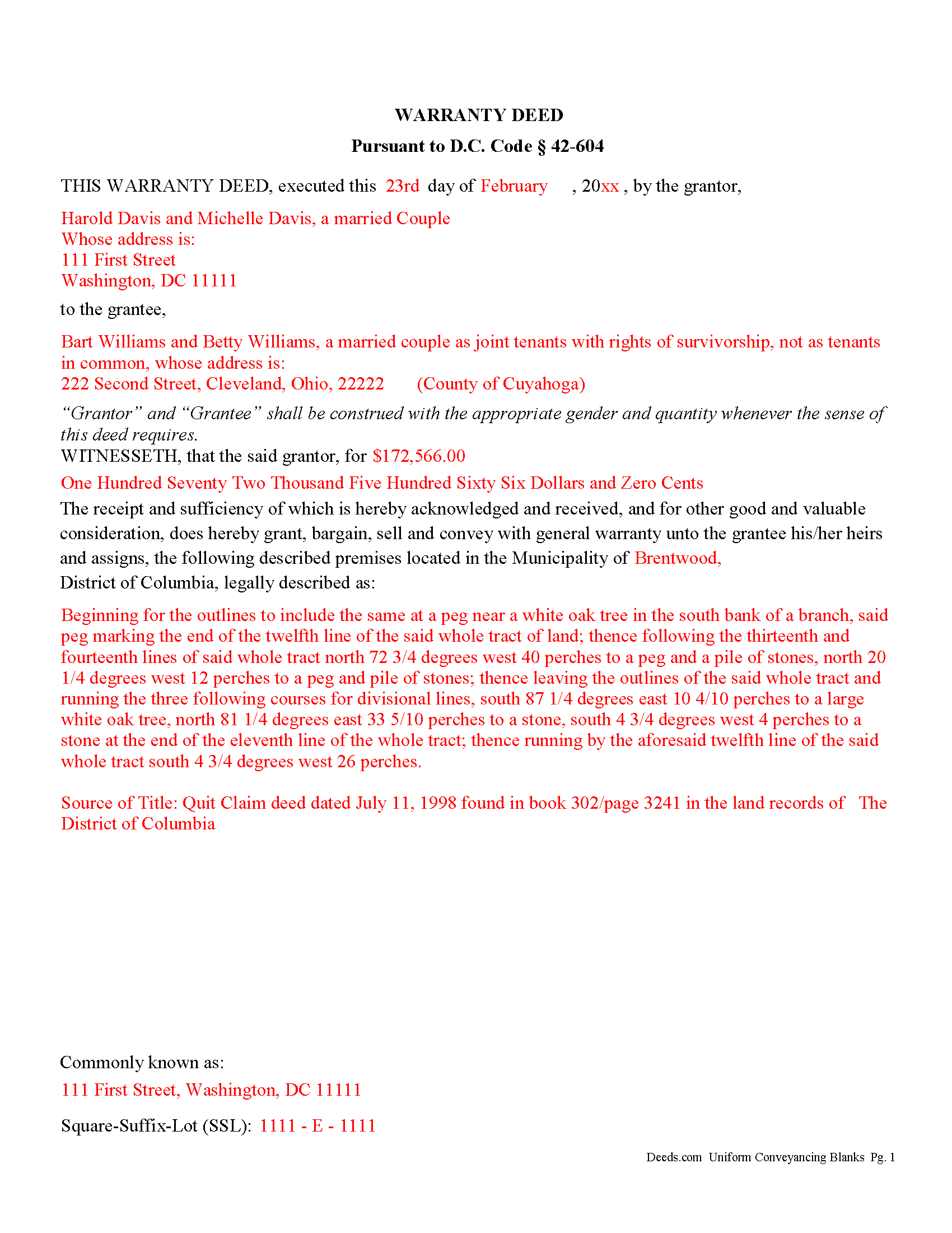 Completed Example of the Warranty Deed Document