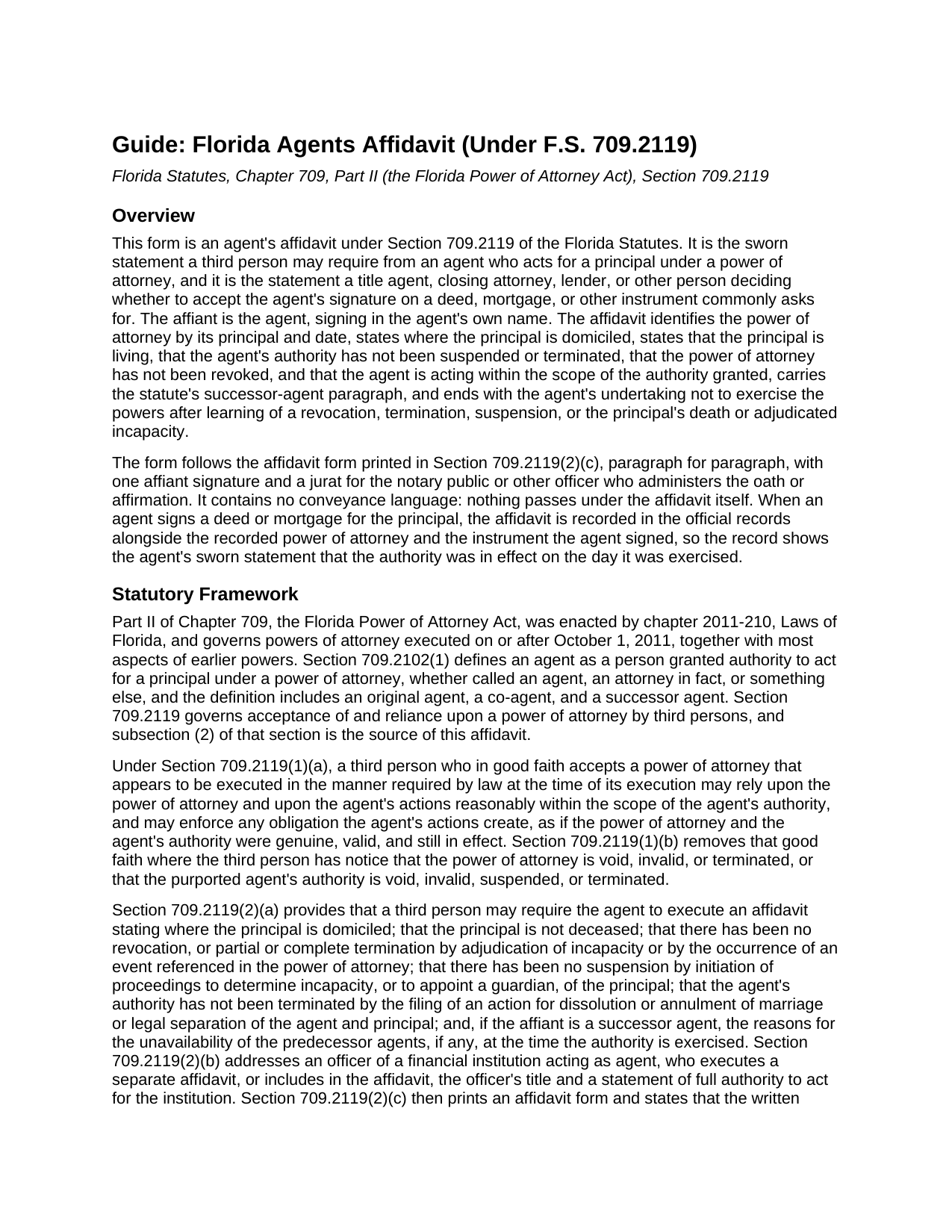 Baker County Agents Affidavit (Under F.S. 709.2119) Guide