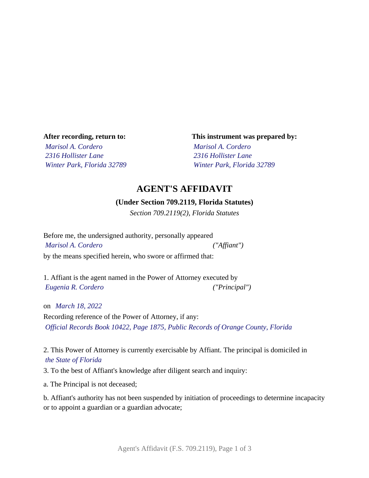Baker County Completed Example of the Agents Affidavit (Under F.S. 709.2119) Document
