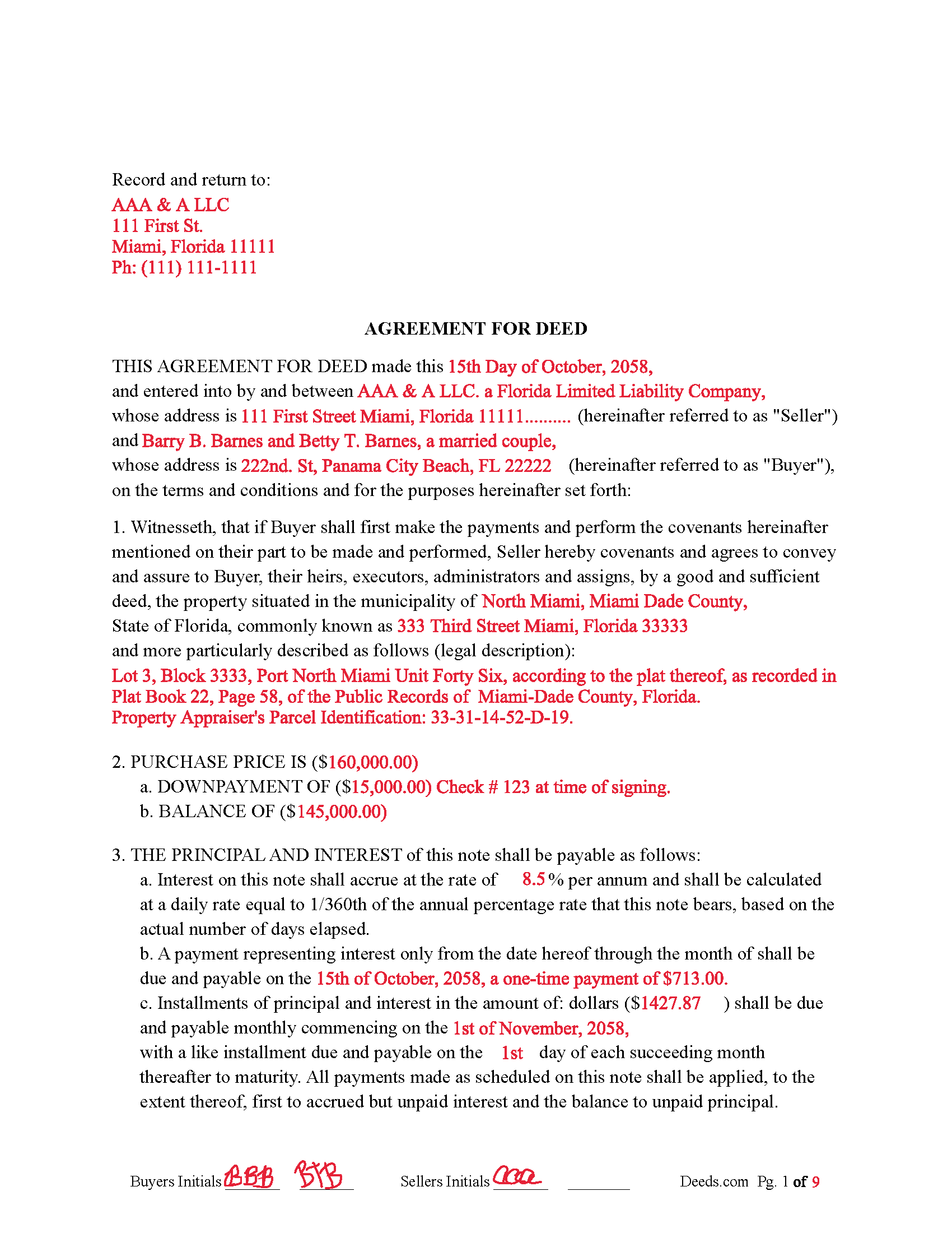 Pasco County Agreement for Deed Form Florida