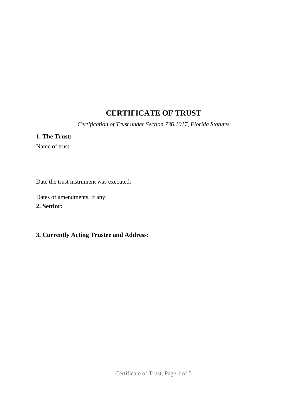 Gadsden County Certificate of Trust Form