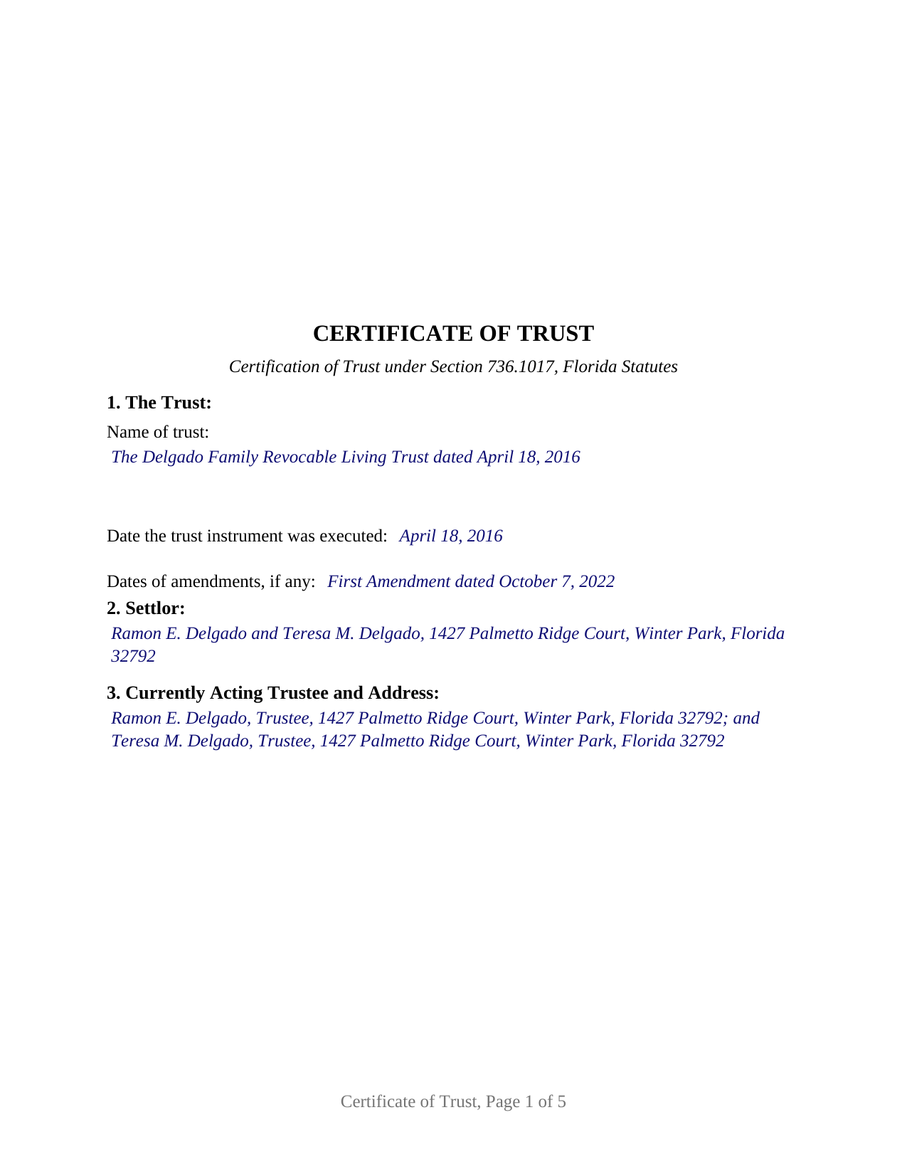 Gadsden County Completed Example of the Certificate of Trust Document
