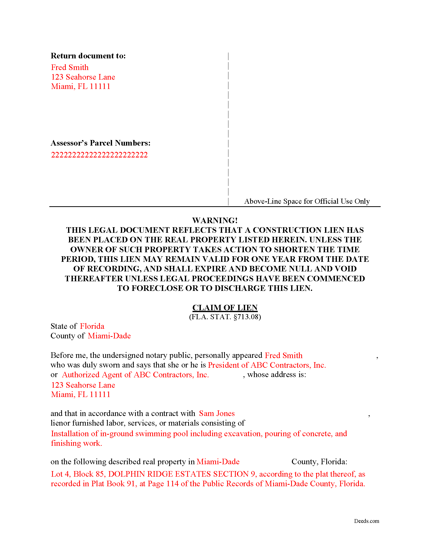 Completed Example of the Claim of Lien Document