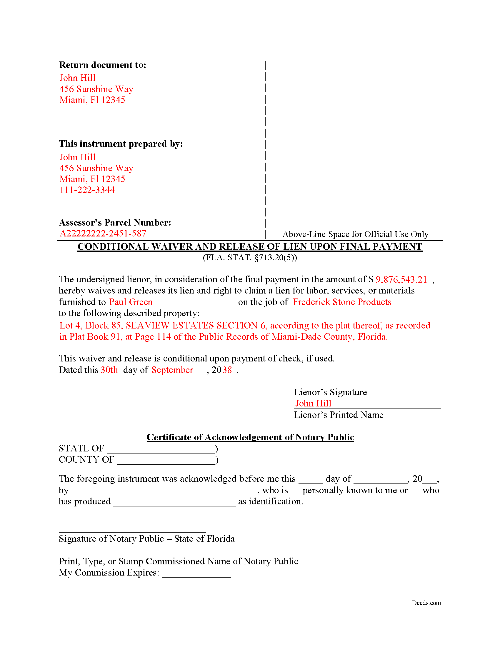Completed Example of the Conditional Waiver and Release of Lien upon Final Payment Document