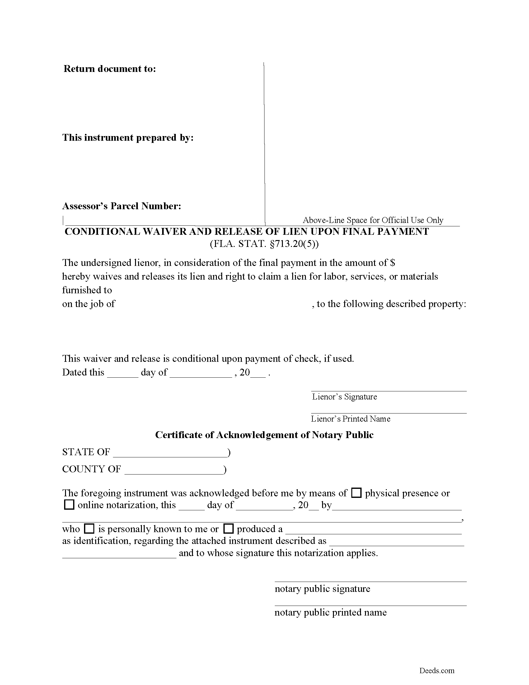 Conditional Waiver and Release of Lien upon Final Payment Form
