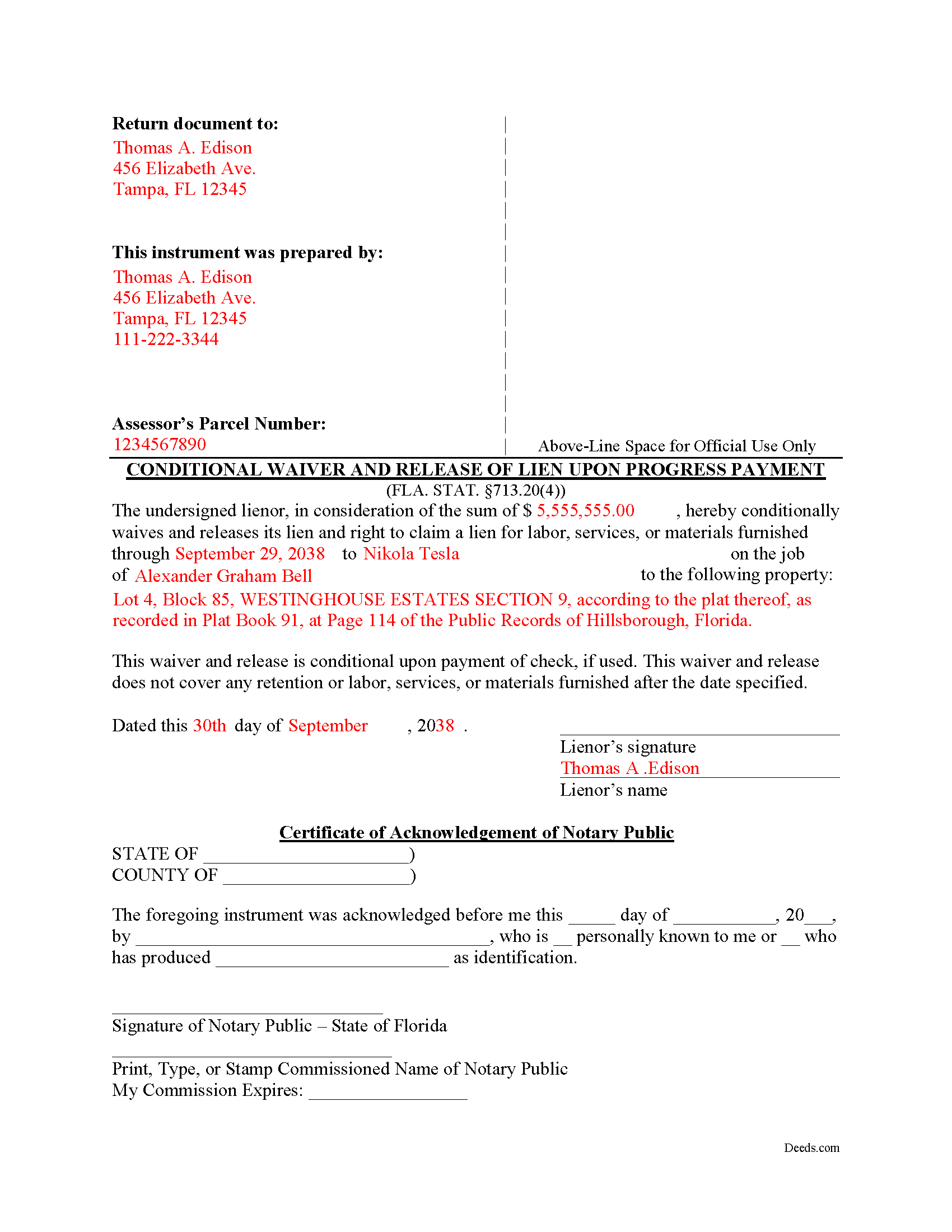Completed Example of the Conditional Waiver and Release of Lien upon Progress Payment Form