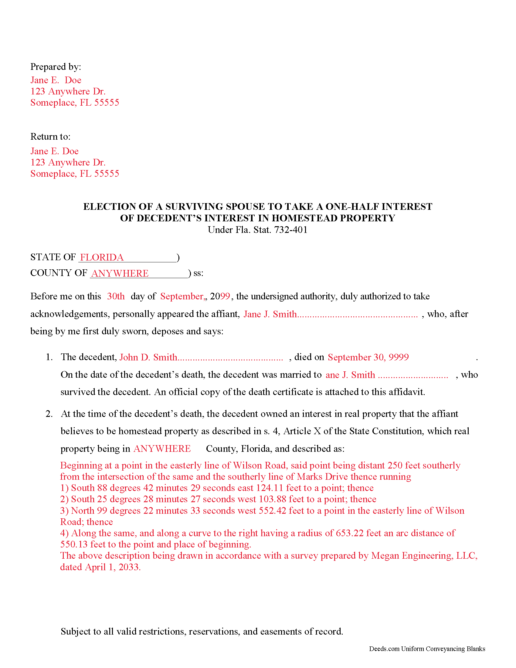 Completed Example of the Decedent Interest in Homestead Affidavit Document