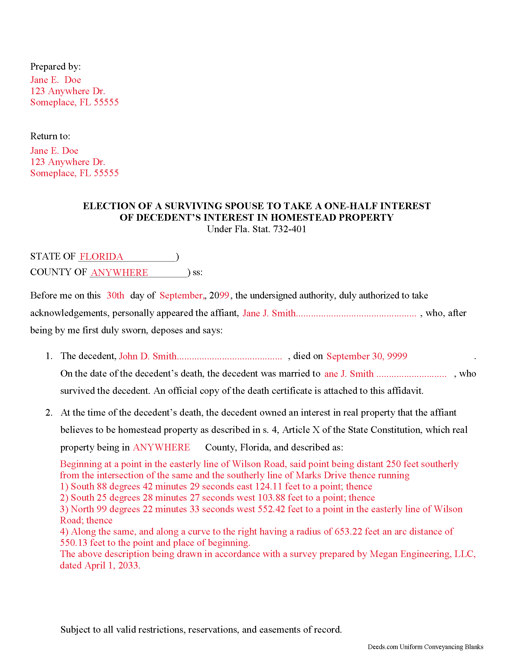 Glades County Completed Example of the Decedent Interest in Homestead Affidavit Document