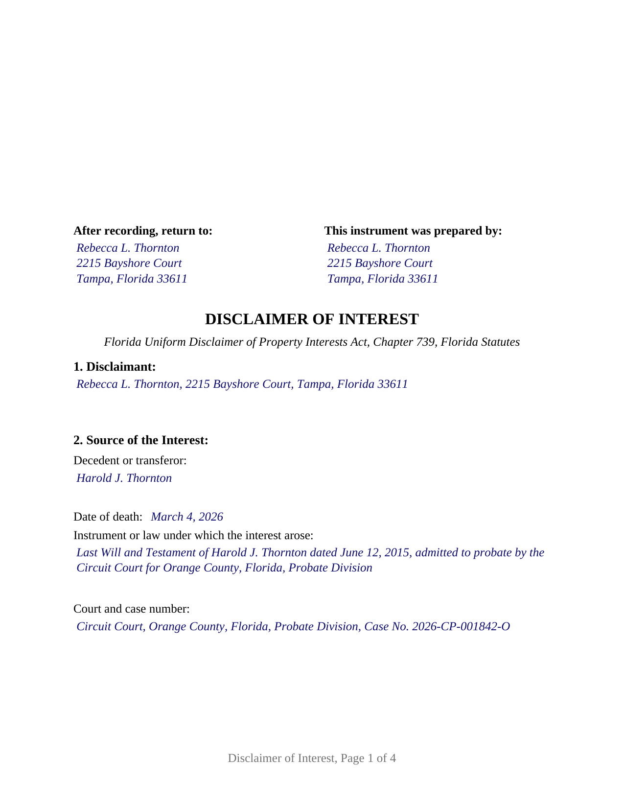 Manatee County Completed Example of the Disclaimer of Interest Document