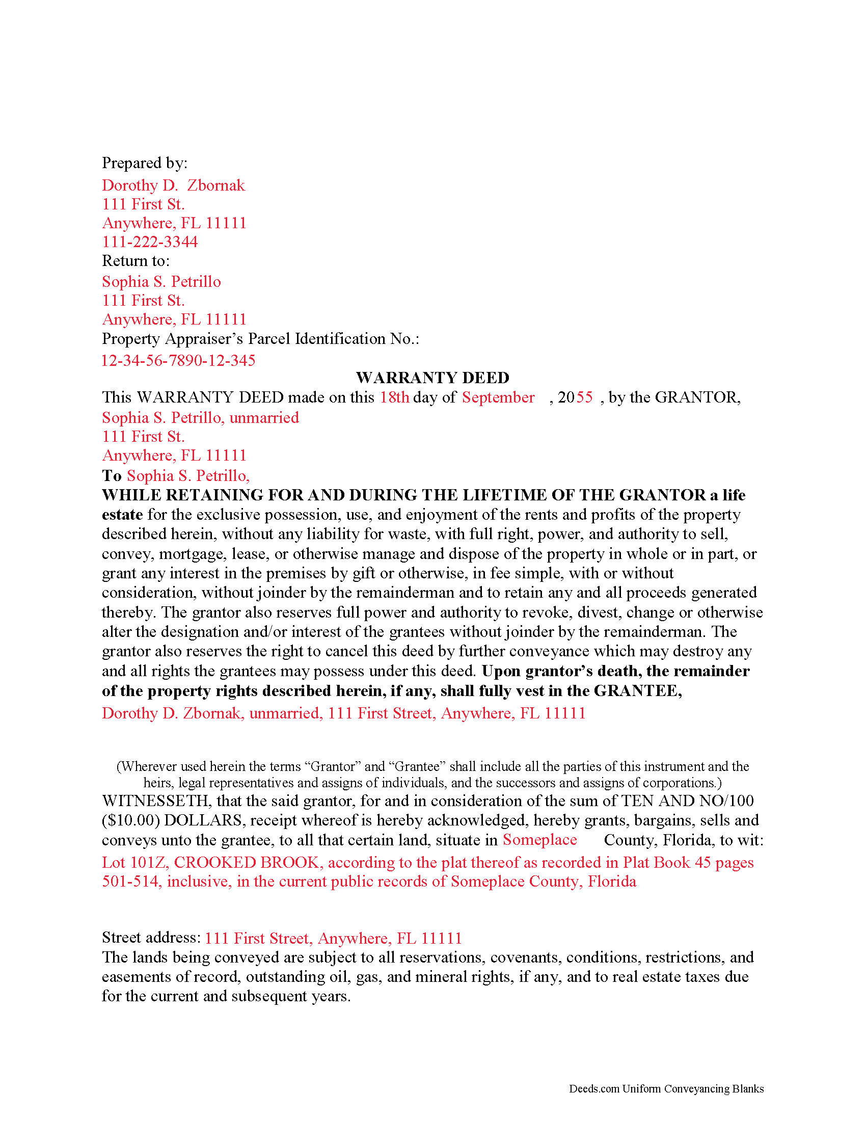 Completed Example of the Enhanced Life Estate Deed Ladybird Warranty Deed Document