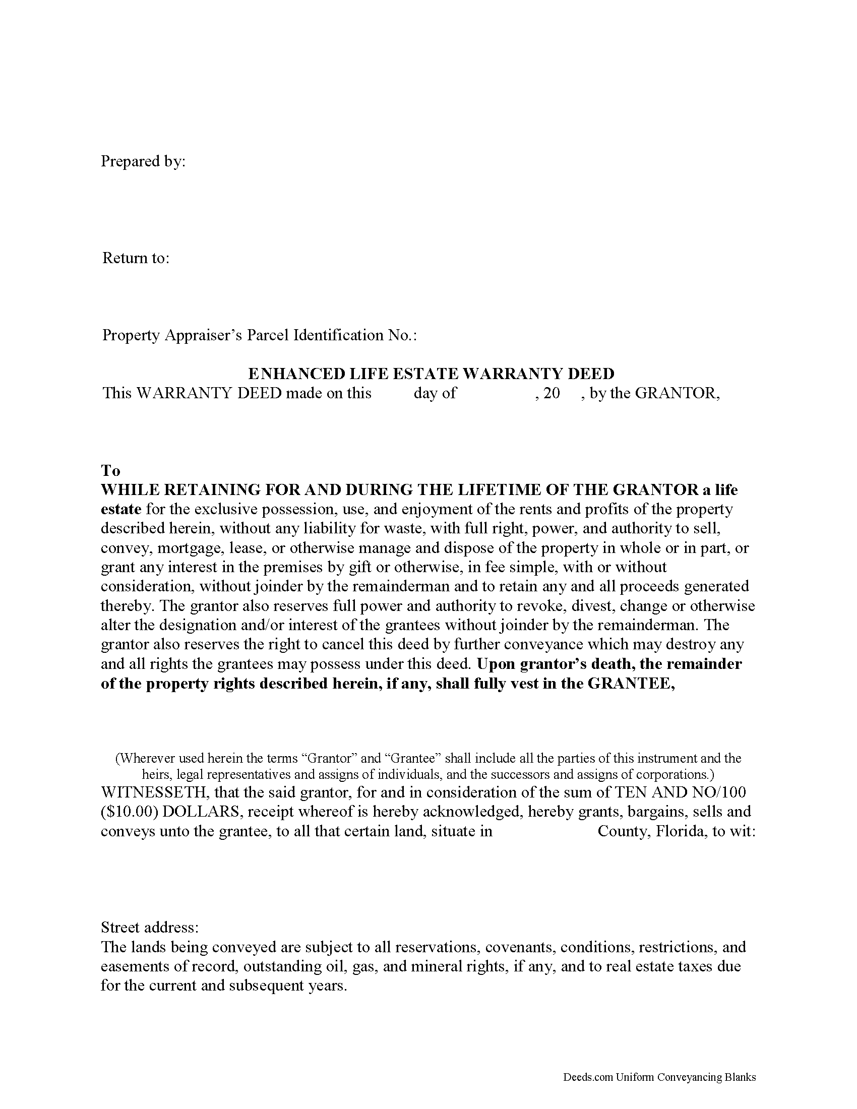 Palm Beach County Enhanced Life Estate Warranty Deed Form