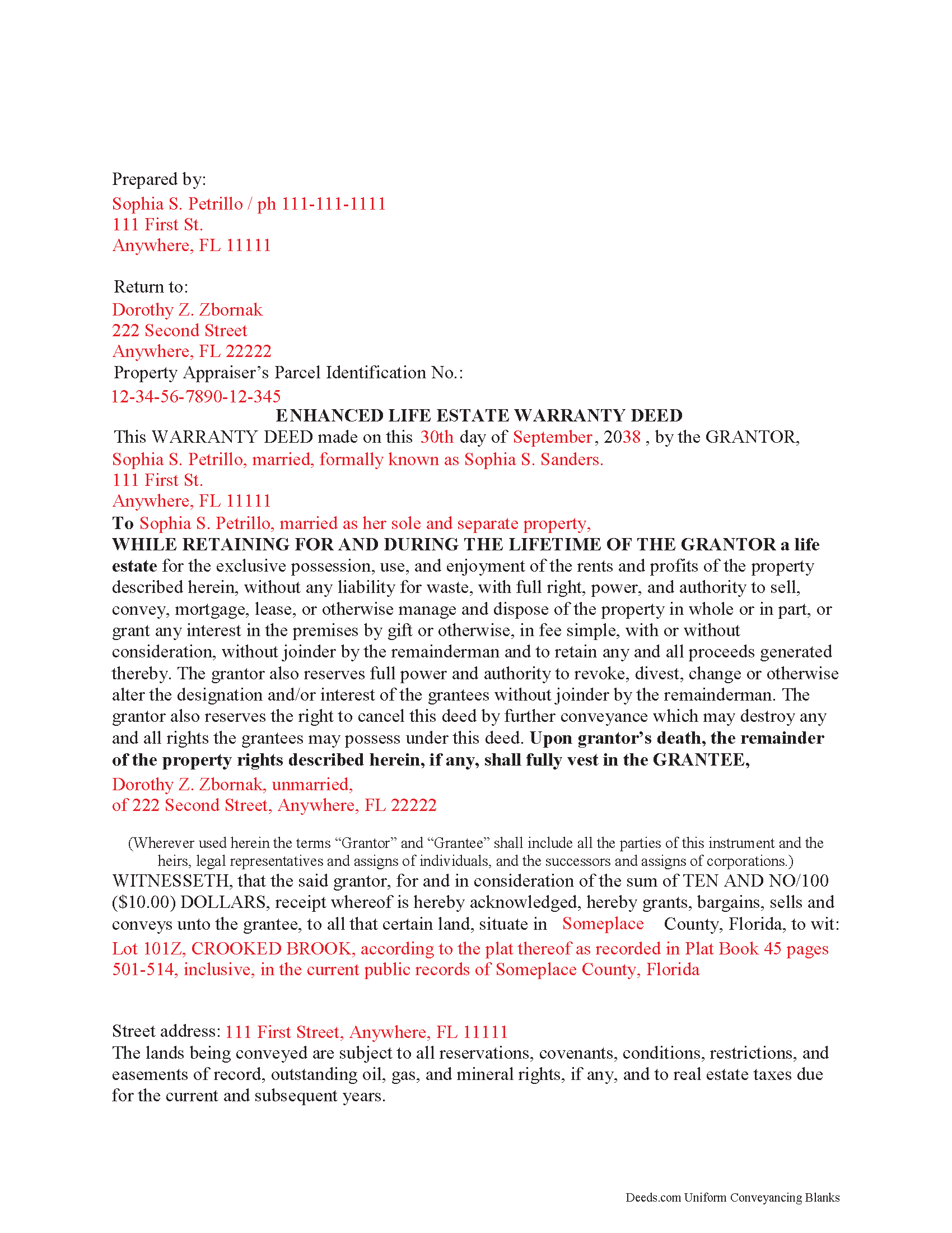 Palm Beach County Completed Example of the Enhanced Life Estate Deed Ladybird Warranty Deed Document