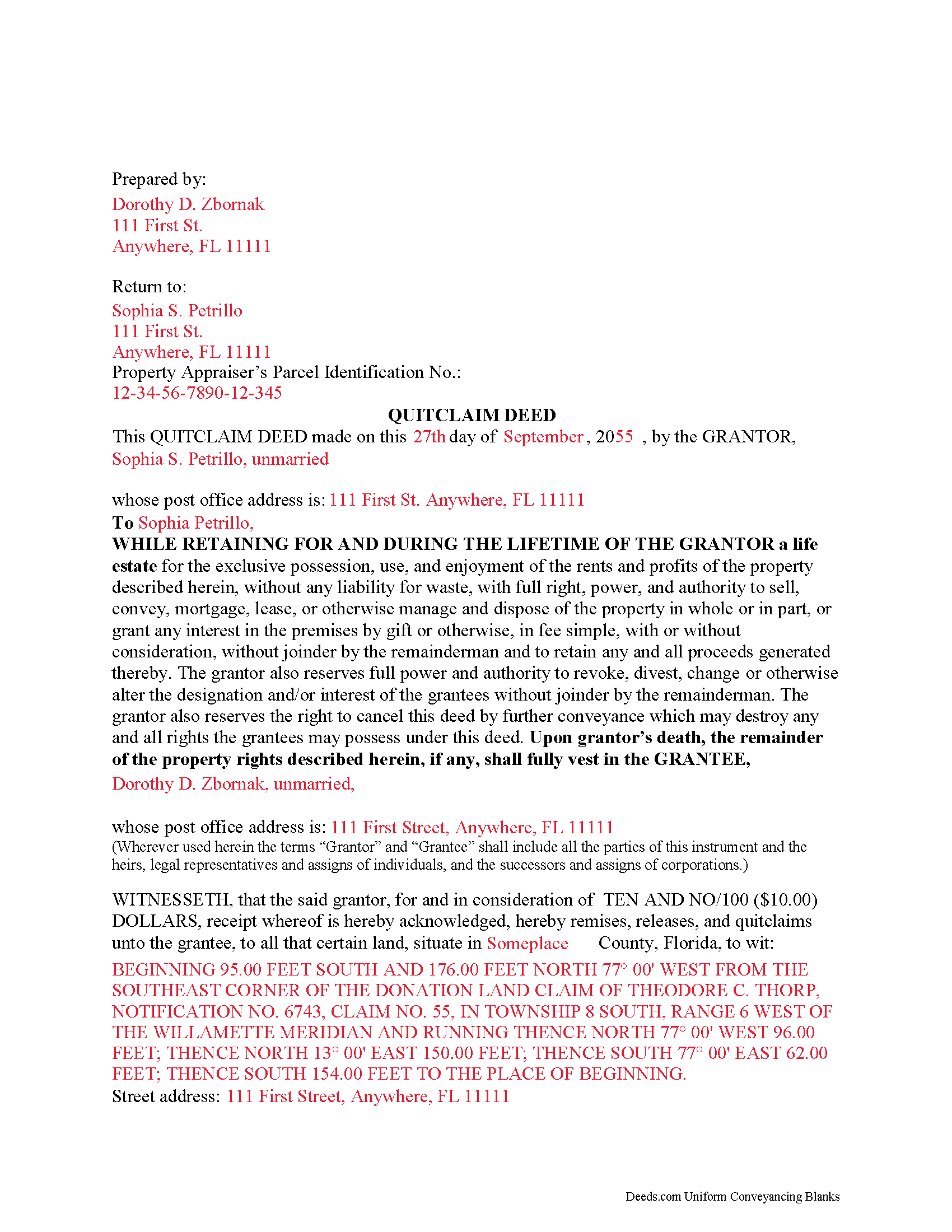 Completed Example of the Enhanced Life Estate Deed Quitclaim Ladybird Deed Document