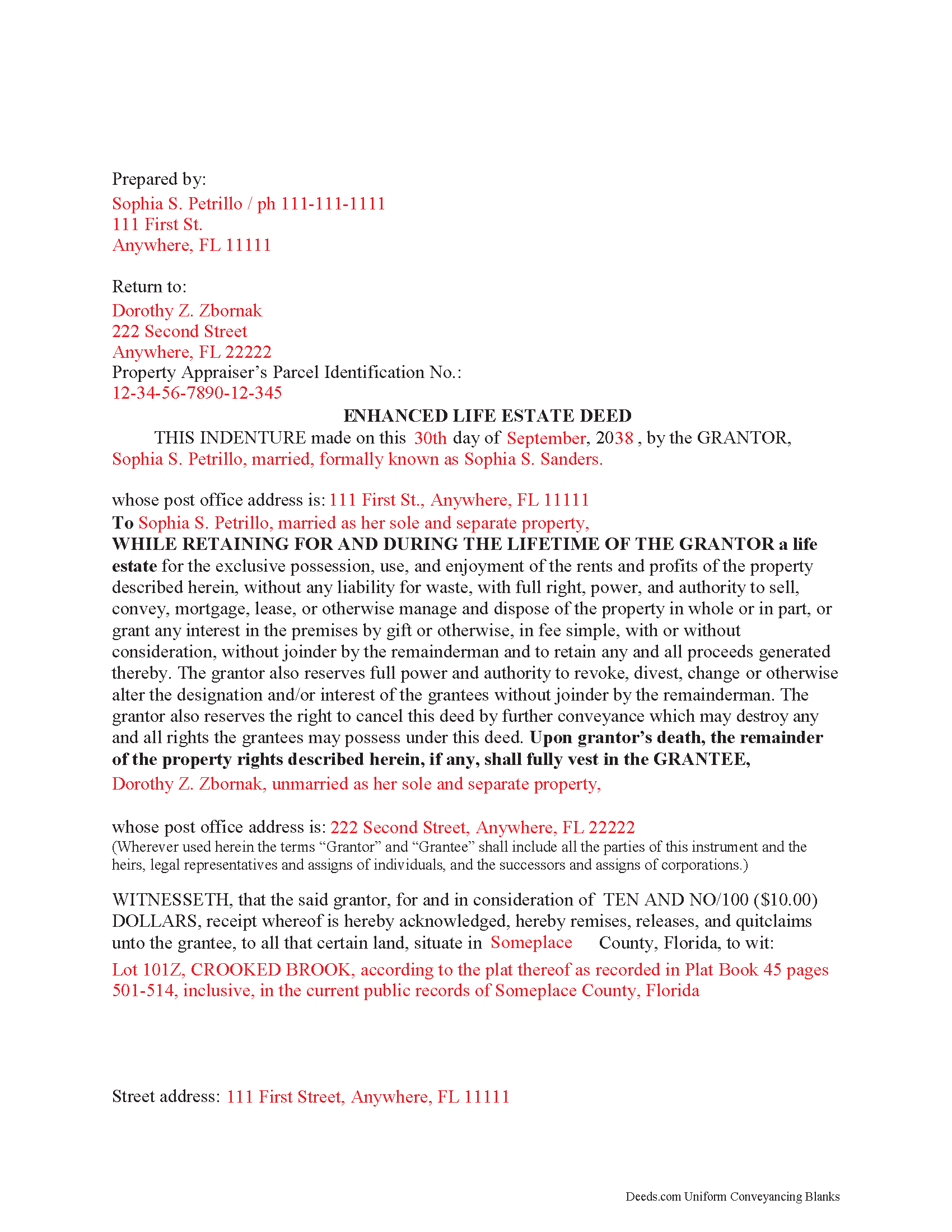 Palm Beach County Completed Example of the Enhanced Life Estate Deed Quitclaim Ladybird Deed Document