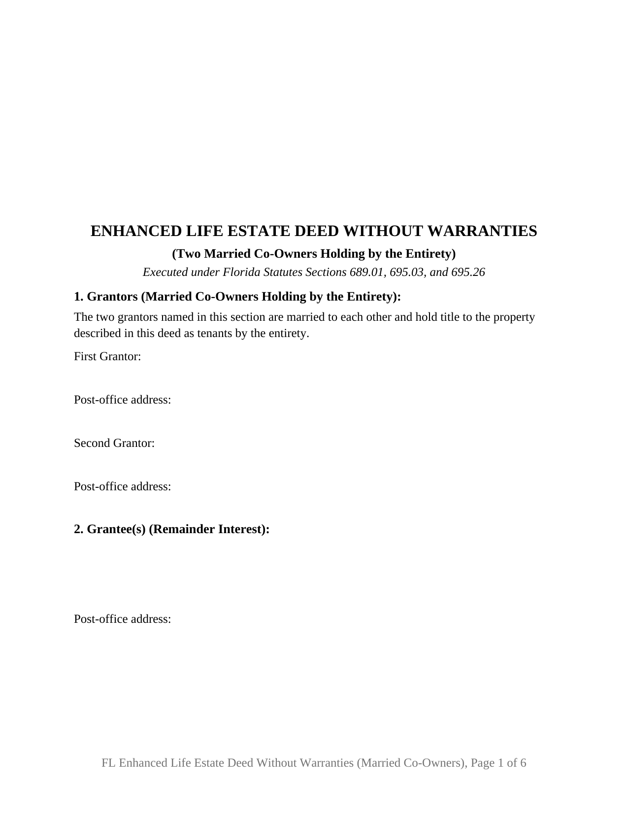 Brevard County Enhanced Life Estate Deed Without Warranties (Two Married Co-Owners Holding by the Entirety) Form