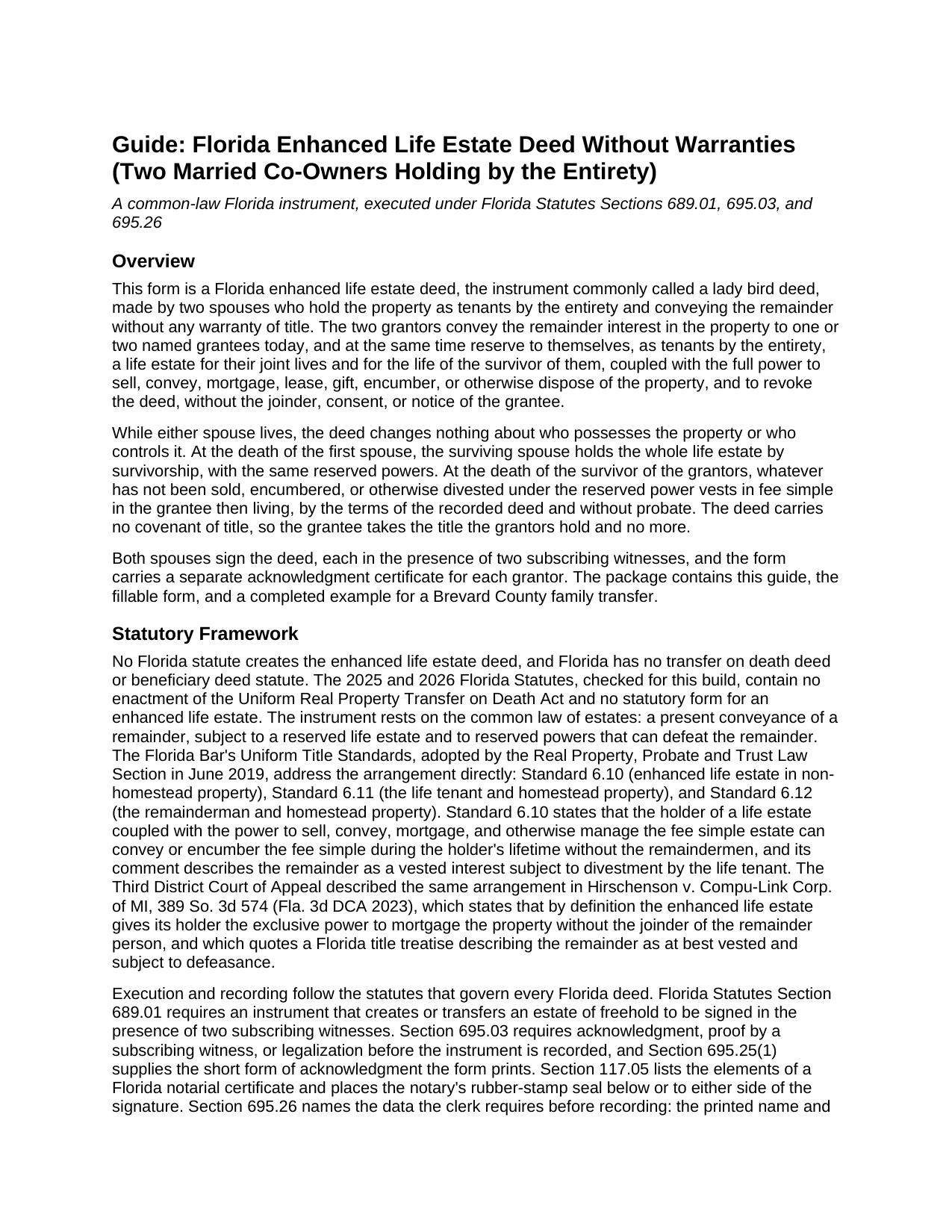 Brevard County Enhanced Life Estate Deed Without Warranties (Two Married Co-Owners Holding by the Entirety) Guide