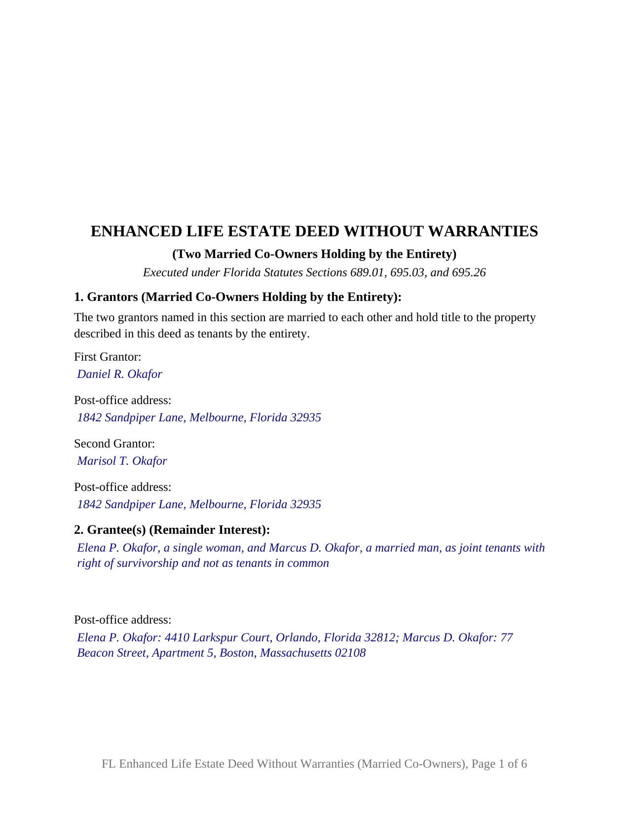 Brevard County Completed Example of the Enhanced Life Estate Deed Without Warranties (Two Married Co-Owners Holding by the Entirety) Document