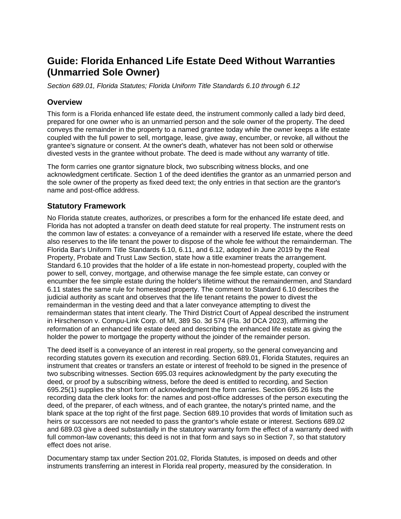 Glades County Enhanced Life Estate Deed Without Warranties (Unmarried Sole Owner) Guide