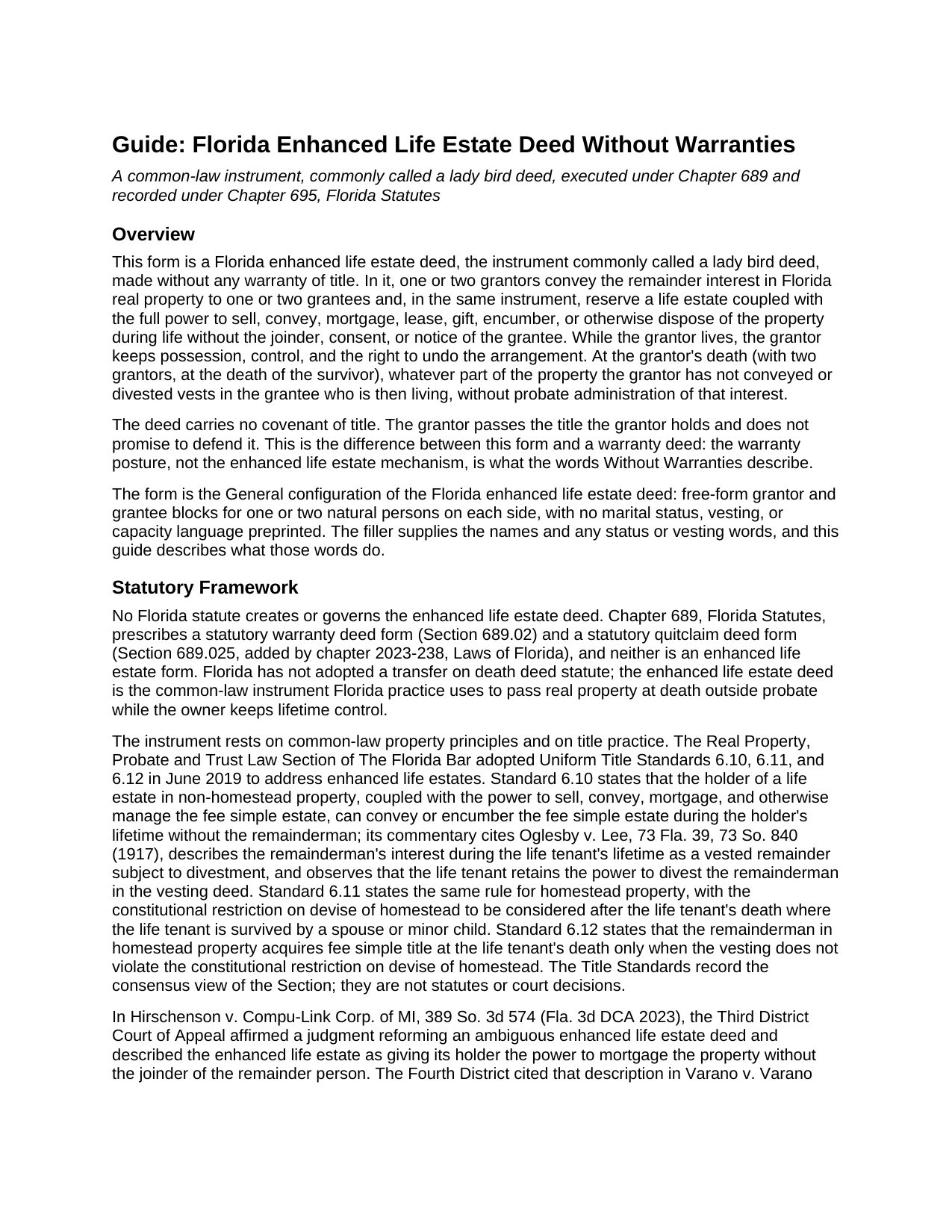 Hillsborough County Enhanced Life Estate Deed Without Warranties Guide