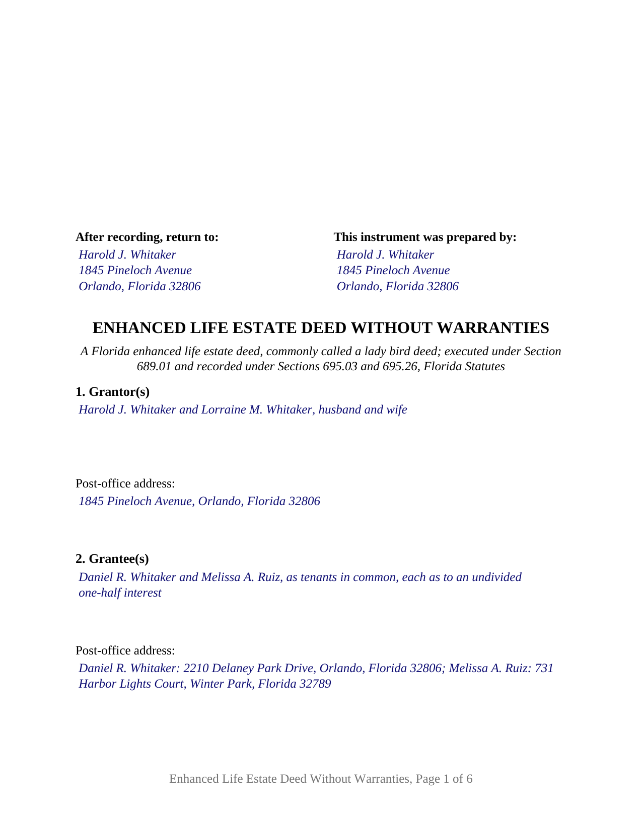 Hillsborough County Completed Example of the Enhanced Life Estate Deed Without Warranties Document