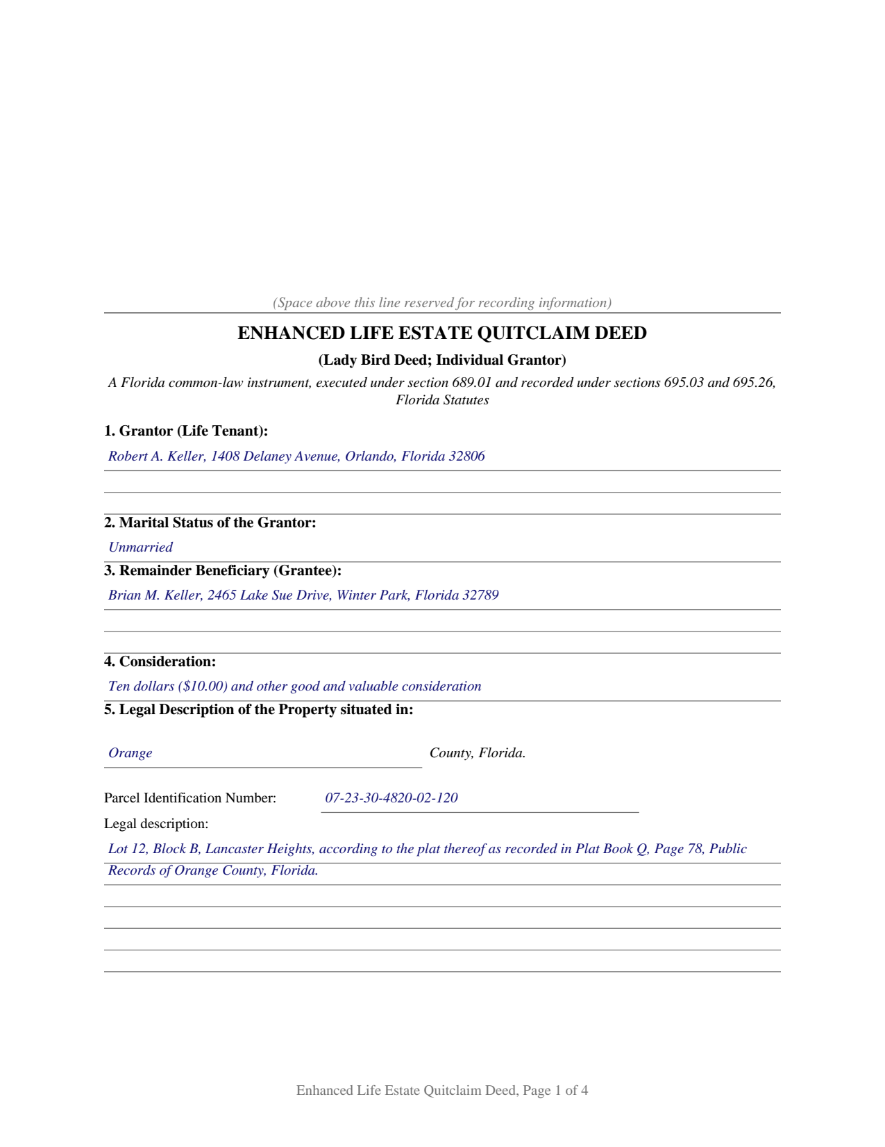 Polk County Completed Example of the Enhanced Life Estate Quitclaim Deed (Individual Grantor) Document