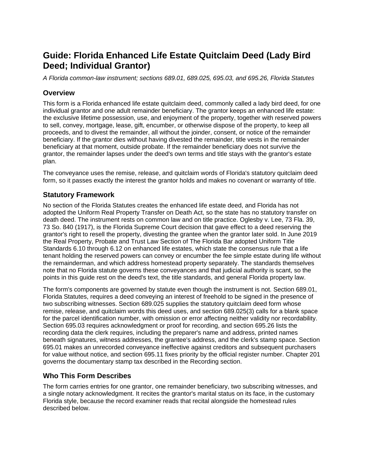 Gilchrist County Enhanced Life Estate Quitclaim Deed (Individual Grantor) Guide