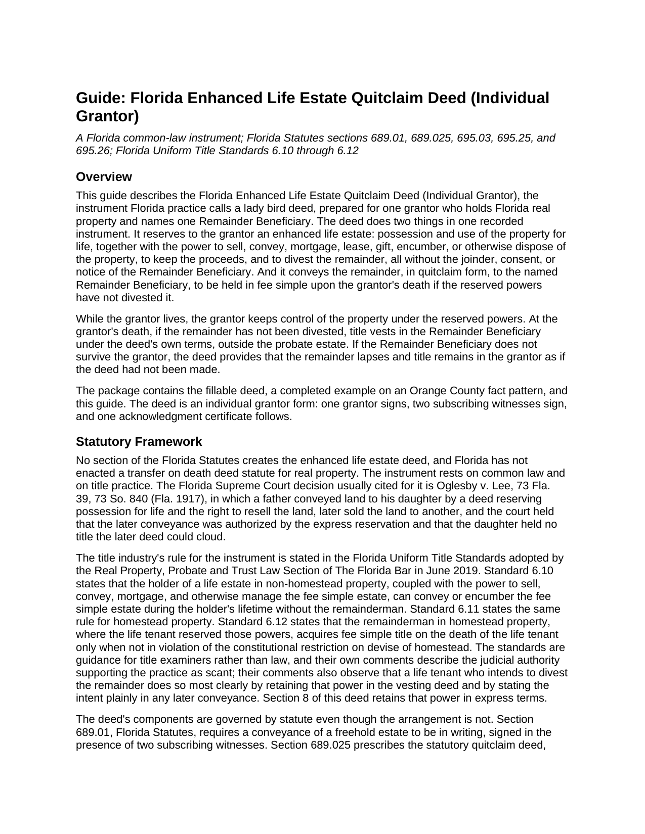 Miami-dade County Enhanced Life Estate Quitclaim Deed (Individual Grantor) Guide