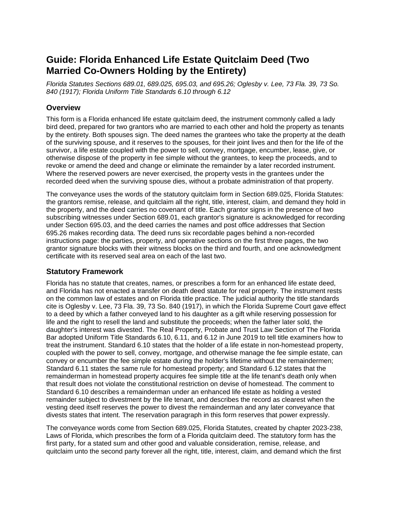 Brevard County Enhanced Life Estate Quitclaim Deed (Two Married Co-Owners Holding by the Entirety) Guide