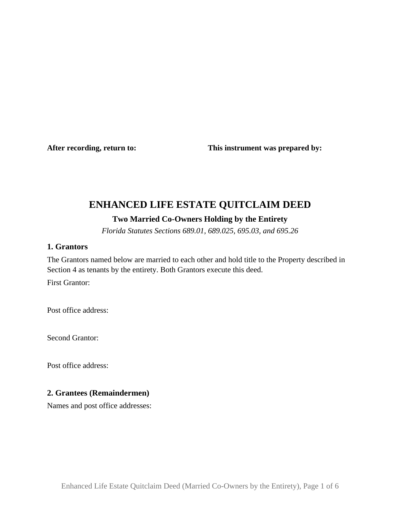Brevard County Enhanced Life Estate Quitclaim Deed (Two Married Co-Owners Holding by the Entirety) Form