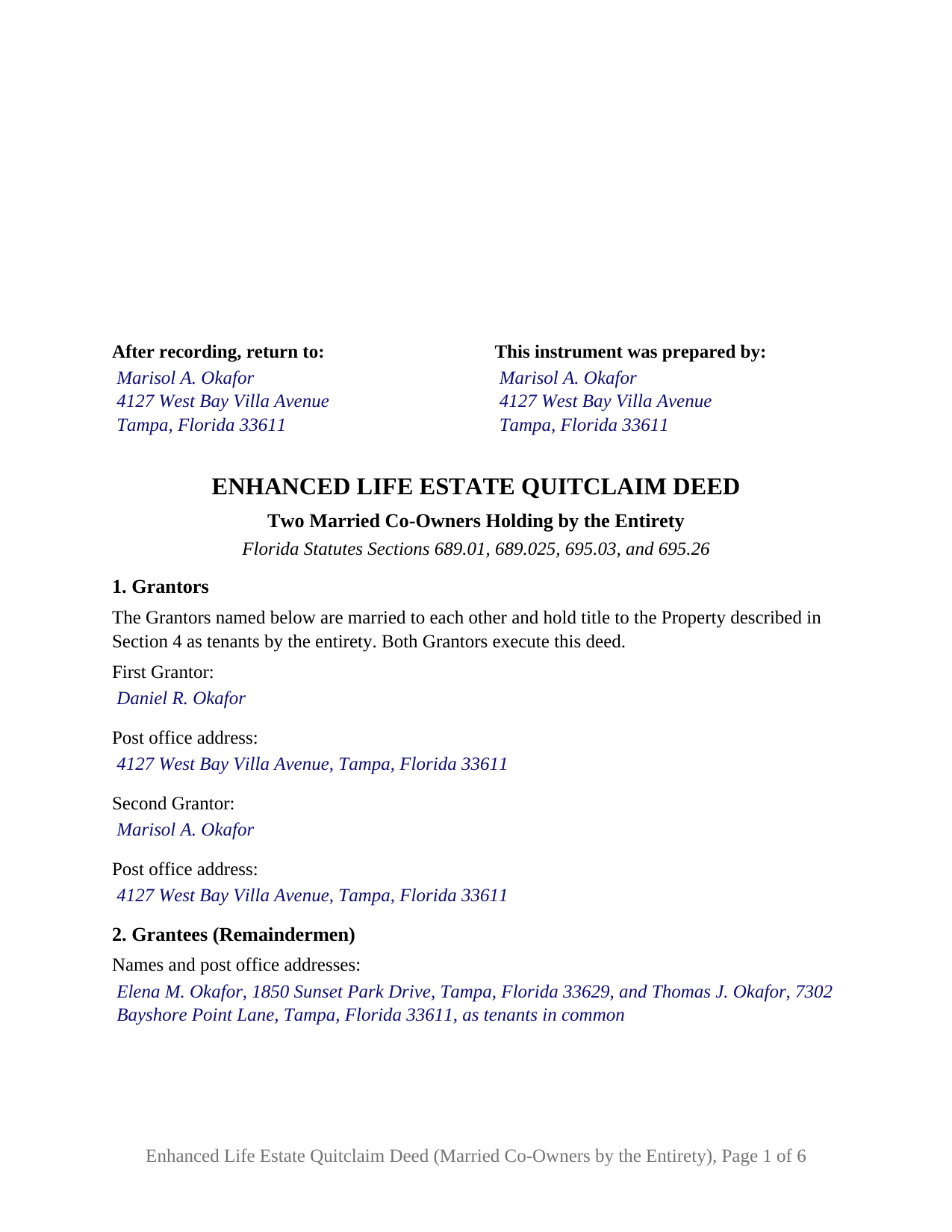 Brevard County Completed Example of the Enhanced Life Estate Quitclaim Deed (Two Married Co-Owners Holding by the Entirety) Document