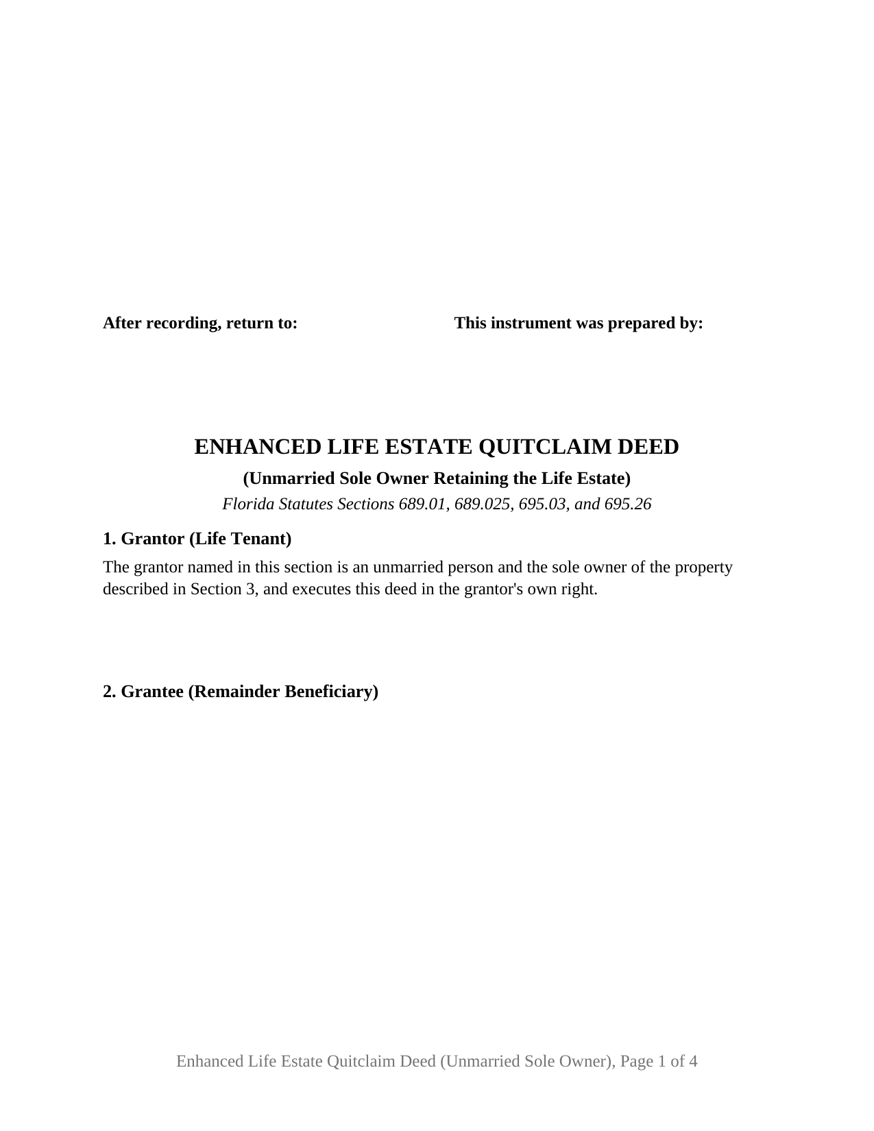 Brevard County Enhanced Life Estate Quitclaim Deed (Unmarried Sole Owner Retaining the Life Estate) Form