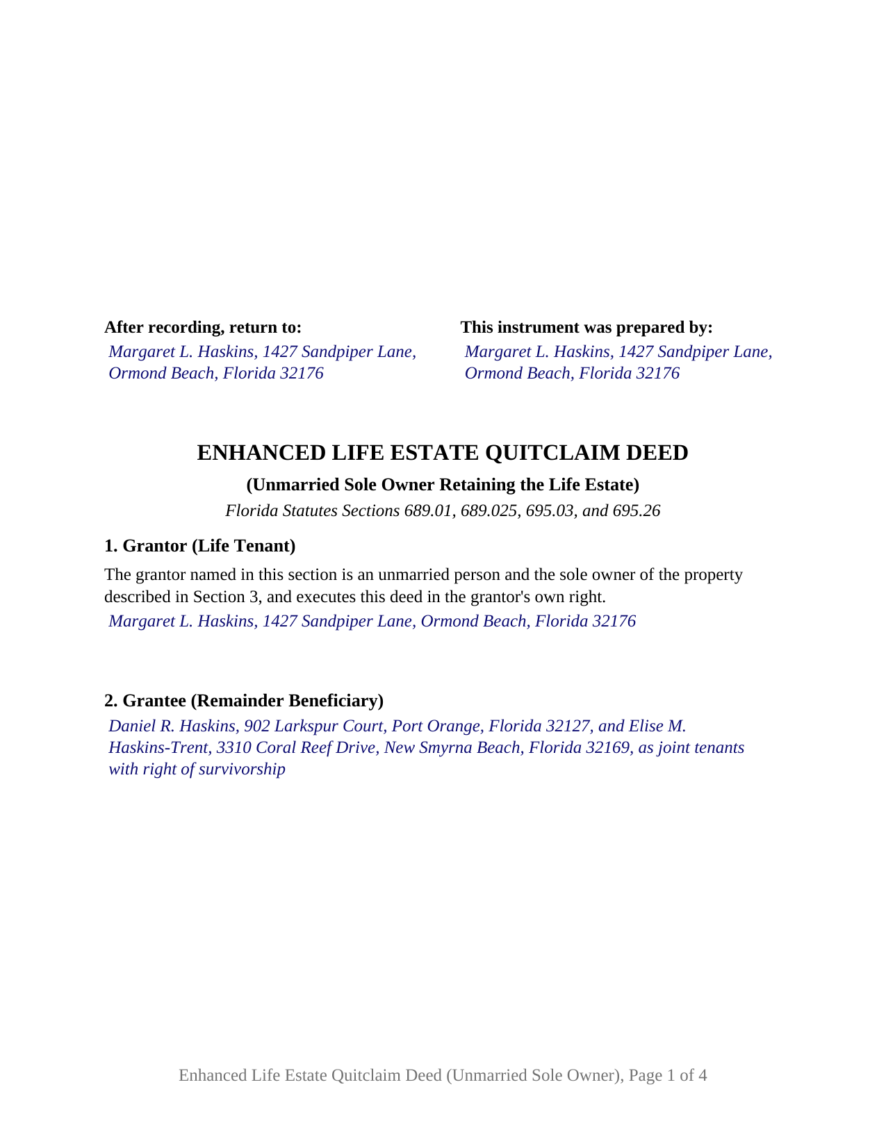 Brevard County Completed Example of the Enhanced Life Estate Quitclaim Deed (Unmarried Sole Owner Retaining the Life Estate) Document