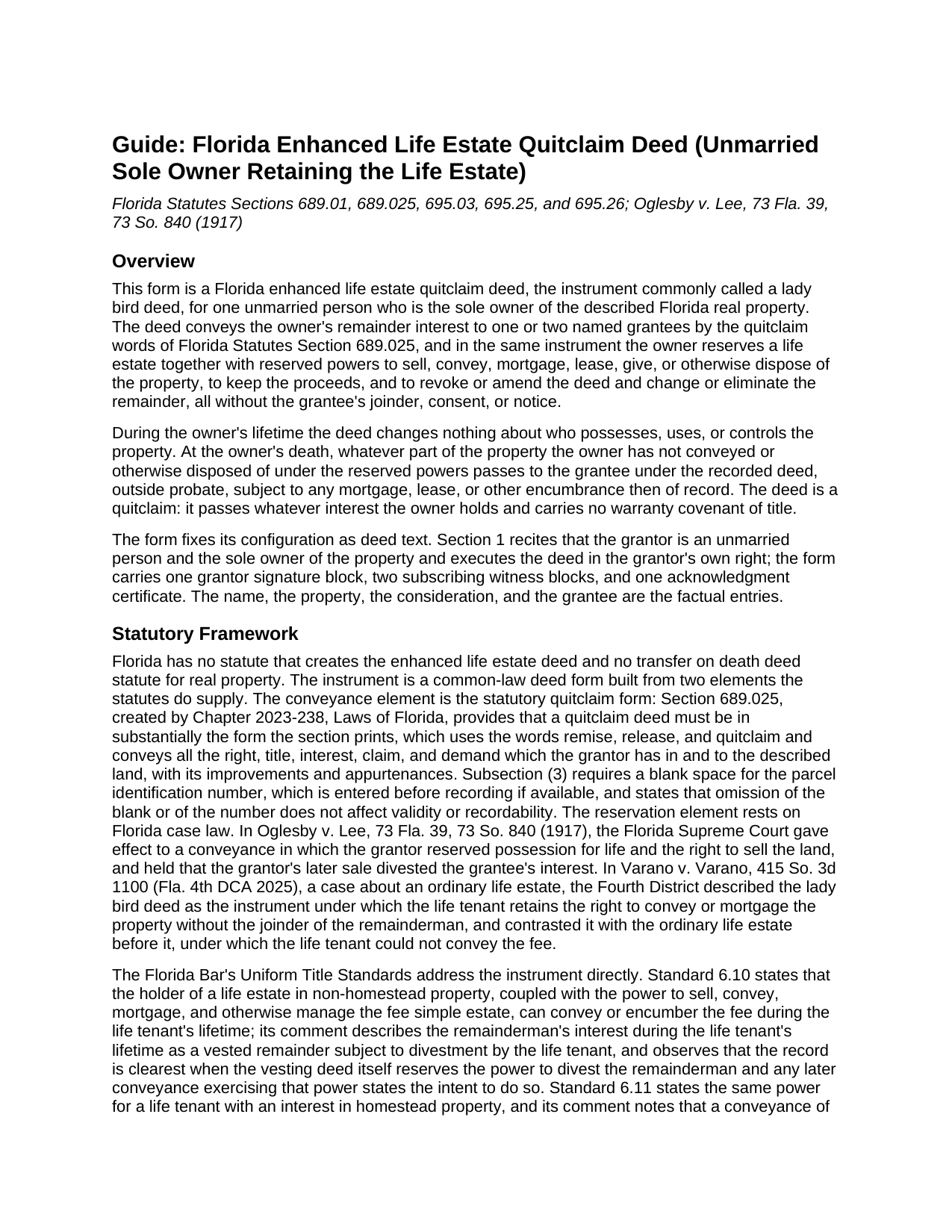 Brevard County Enhanced Life Estate Quitclaim Deed (Unmarried Sole Owner Retaining the Life Estate) Guide