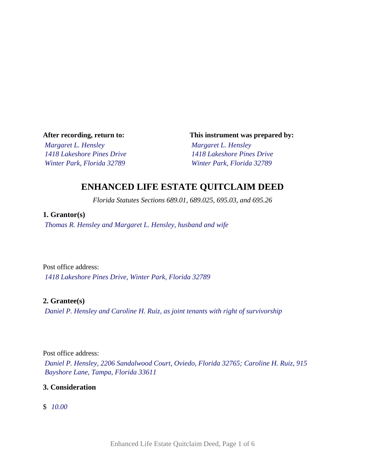 Madison County Completed Example of the Enhanced Life Estate Quitclaim Deed Document