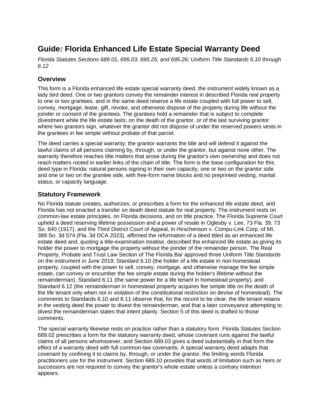Putnam County Enhanced Life Estate Special Warranty Deed Guide