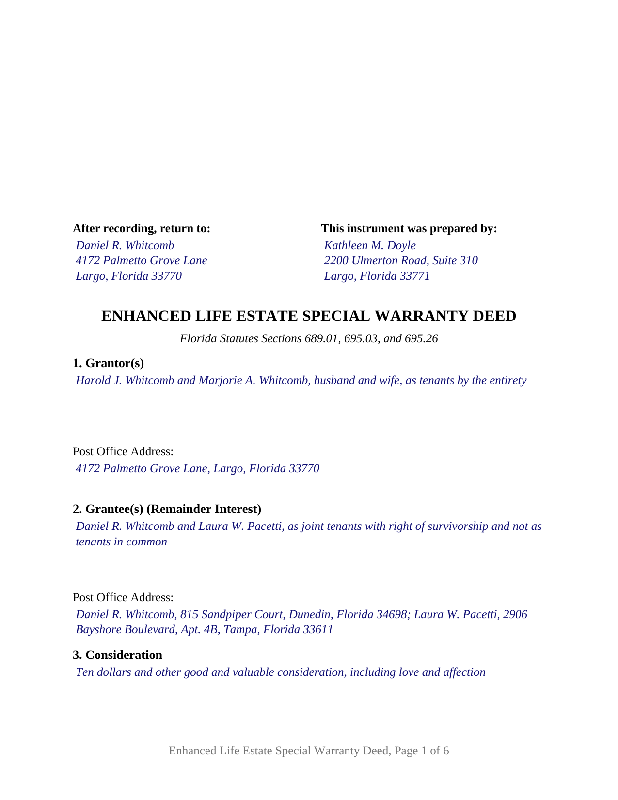 Putnam County Completed Example of the Enhanced Life Estate Special Warranty Deed Document