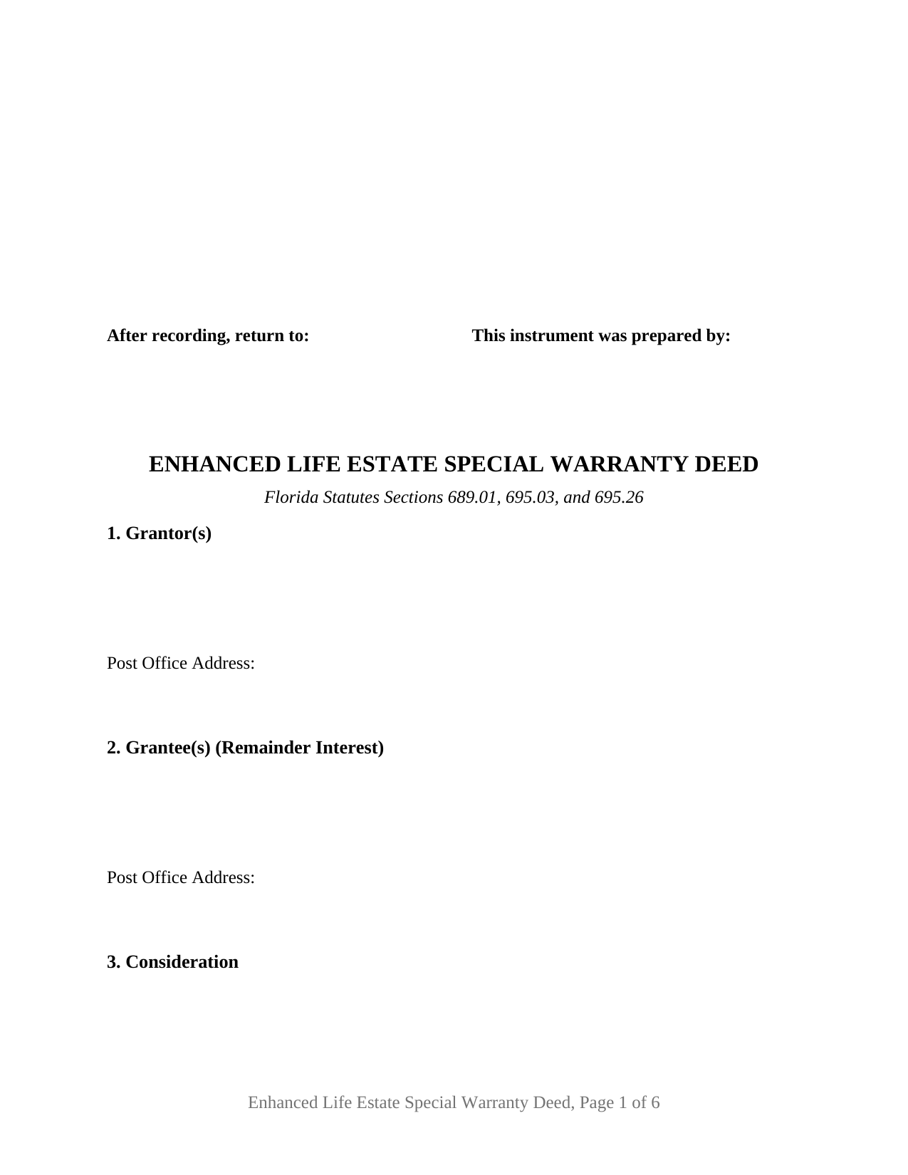 Putnam County Enhanced Life Estate Special Warranty Deed Form
