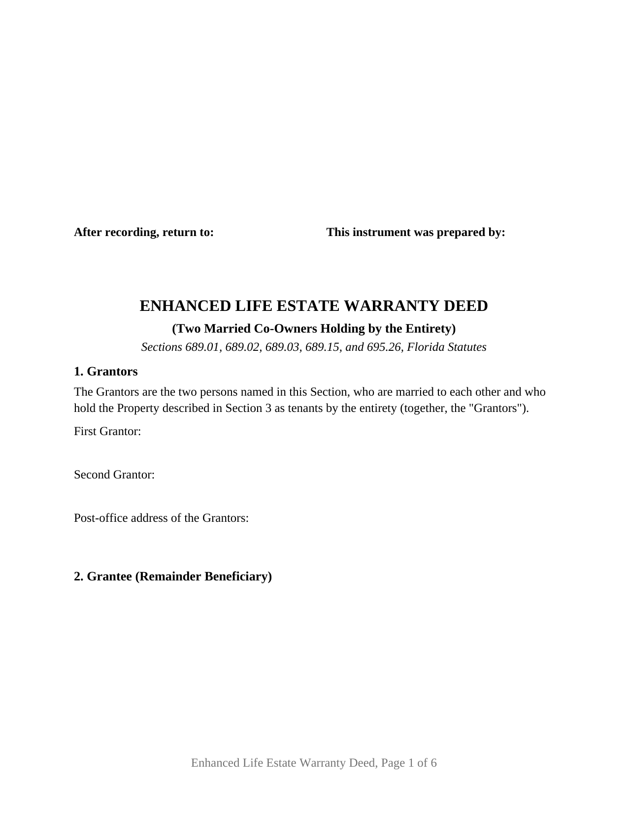 Martin County Enhanced Life Estate Warranty Deed (Two Married Co-Owners Holding by the Entirety) Form