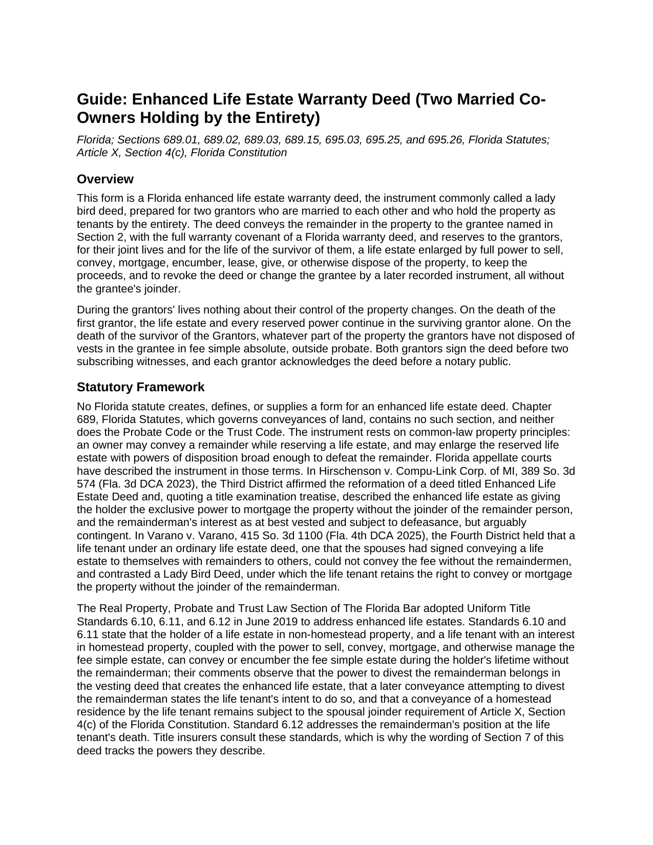 Martin County Enhanced Life Estate Warranty Deed (Two Married Co-Owners Holding by the Entirety) Guide