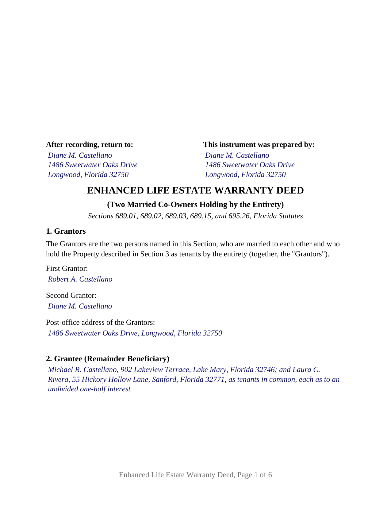 Martin County Completed Example of the Enhanced Life Estate Warranty Deed (Two Married Co-Owners Holding by the Entirety) Document