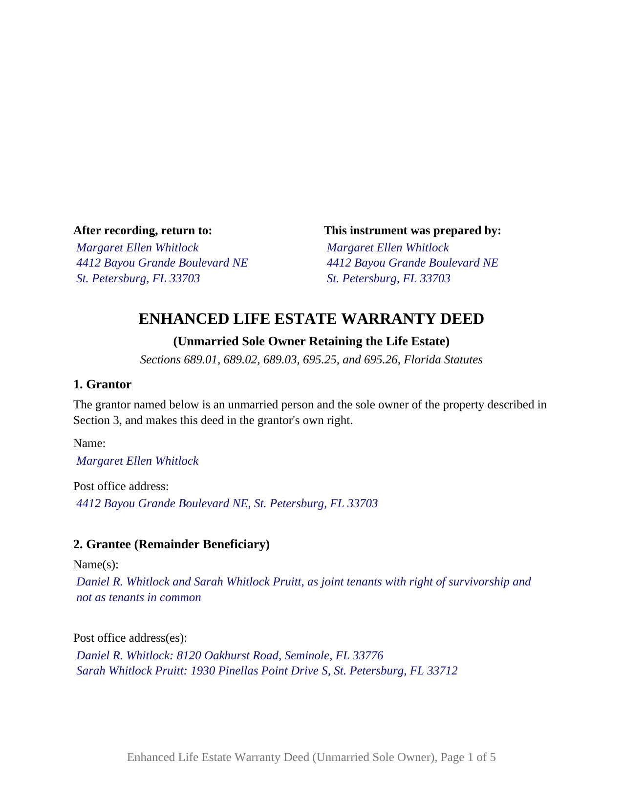 Martin County Completed Example of the Enhanced Life Estate Warranty Deed (Unmarried Sole Owner) Document