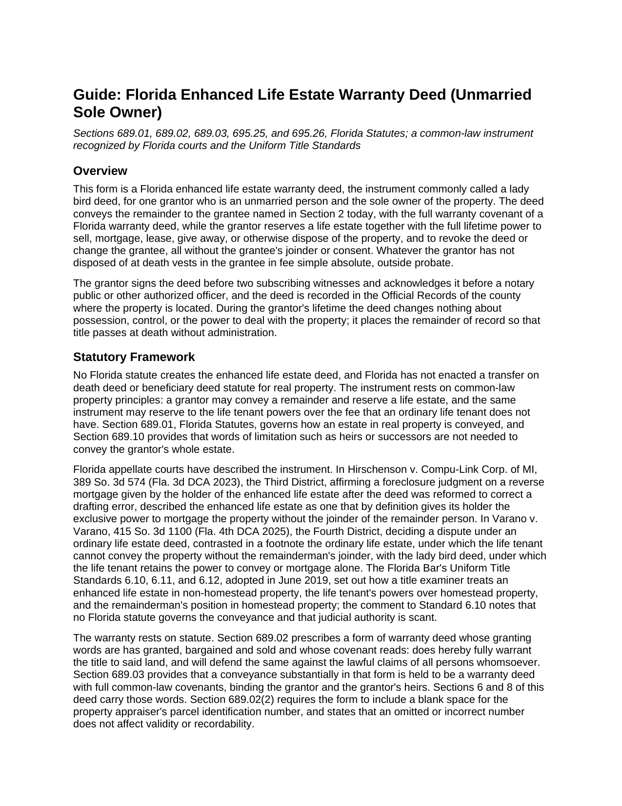 Martin County Enhanced Life Estate Warranty Deed (Unmarried Sole Owner) Guide