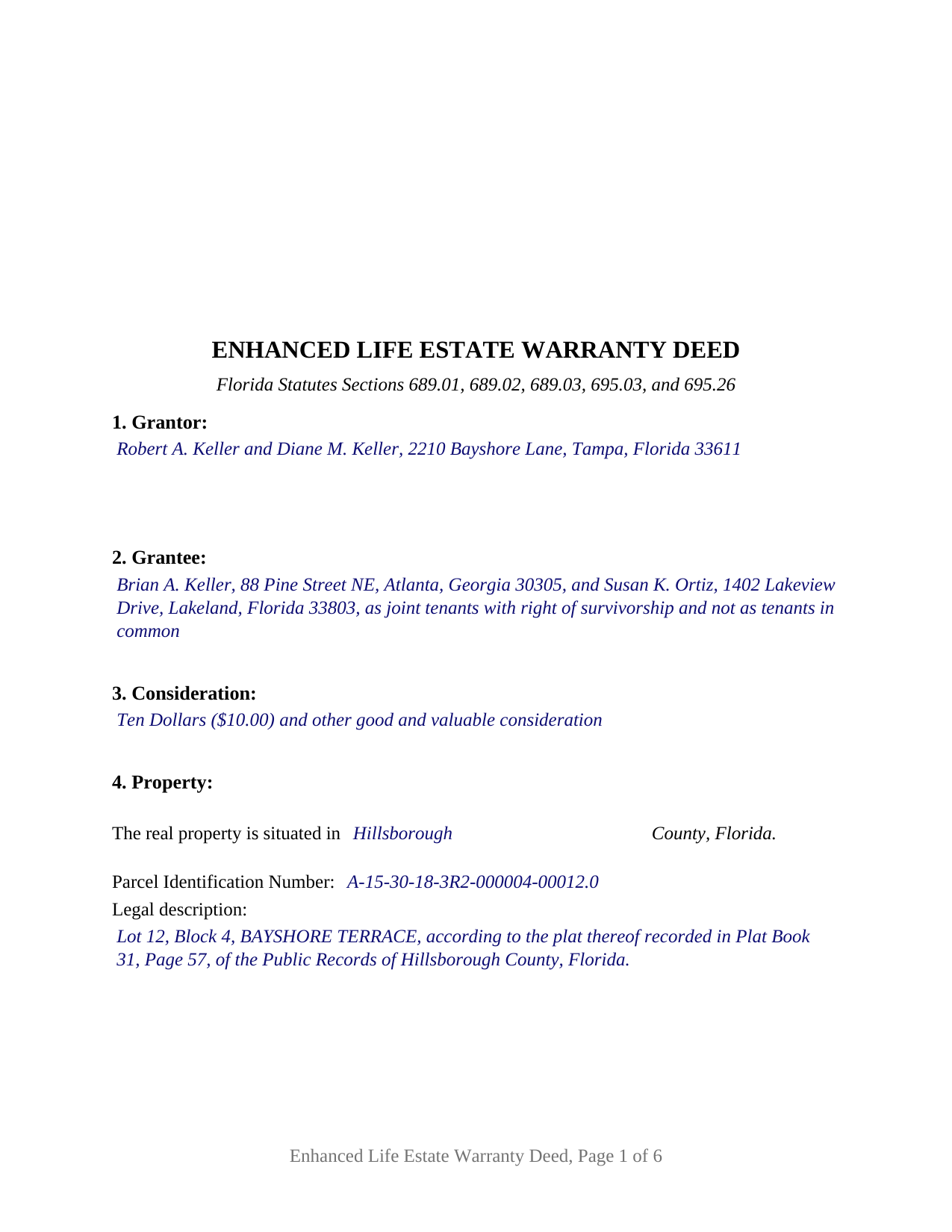 Putnam County Completed Example of the Enhanced Life Estate Warranty Deed Document