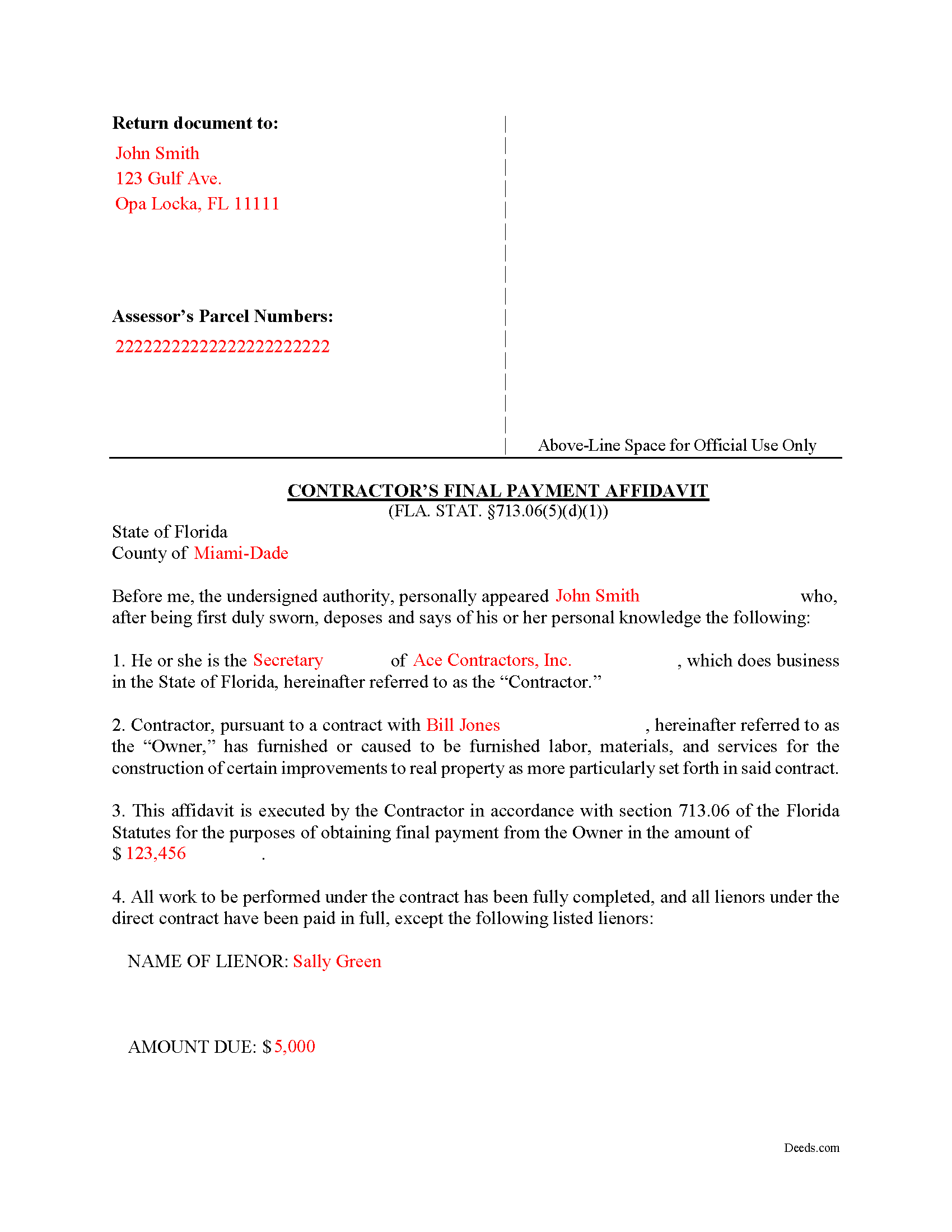 Completed Example of the Final Payment Affidavit