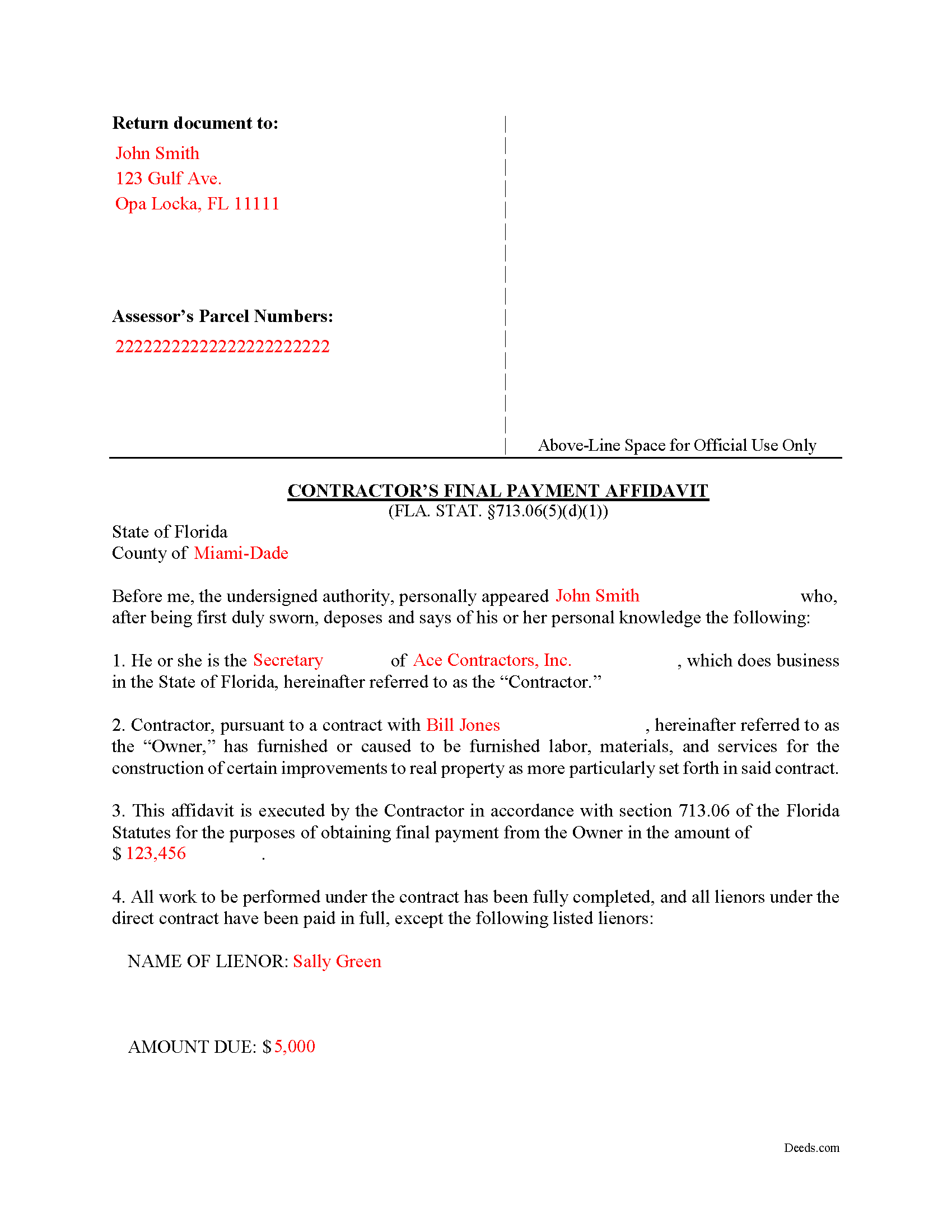 Holmes County Completed Example of the Final Payment Affidavit