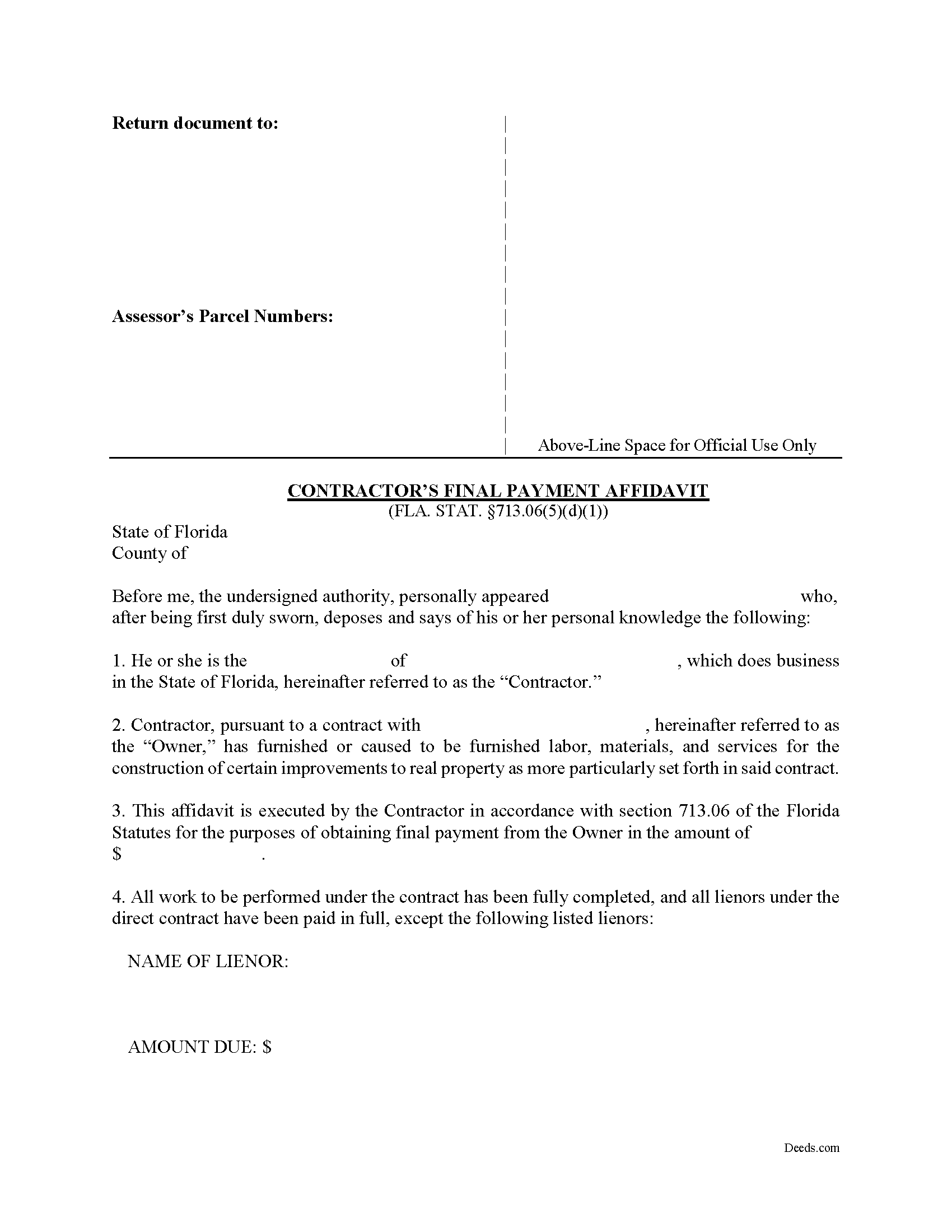Holmes County Final Payment Affidavit Form