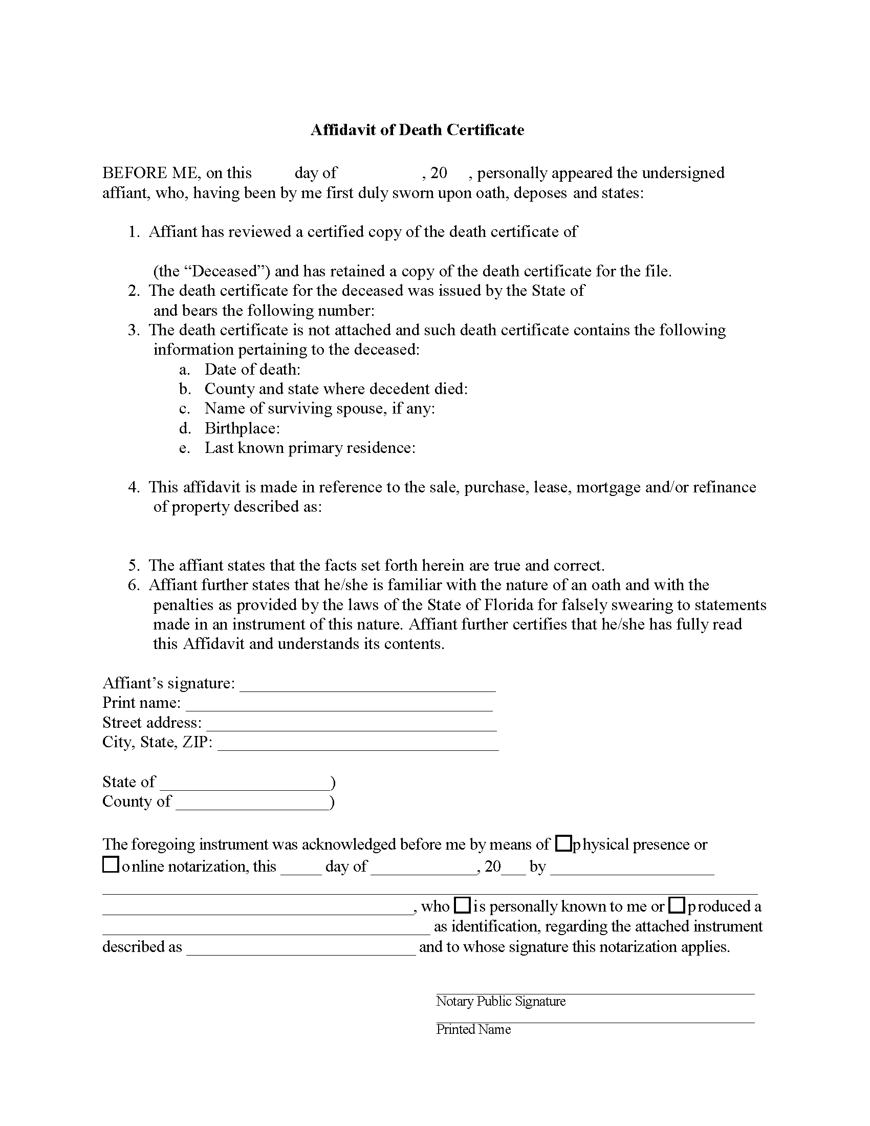 Florida Affidavit of Death Certificate Image