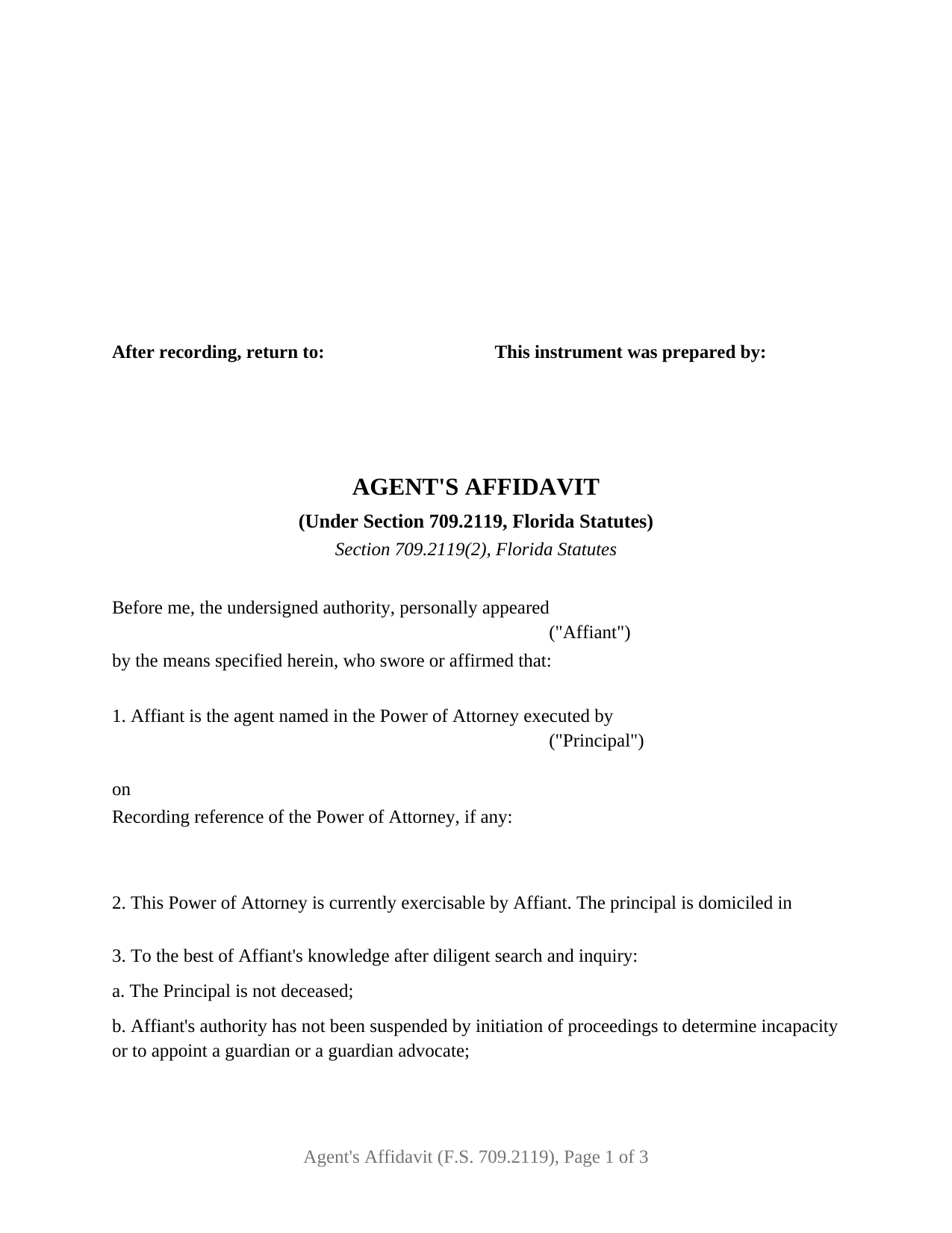 Florida Agents Affidavit (Under F.S. 709.2119)