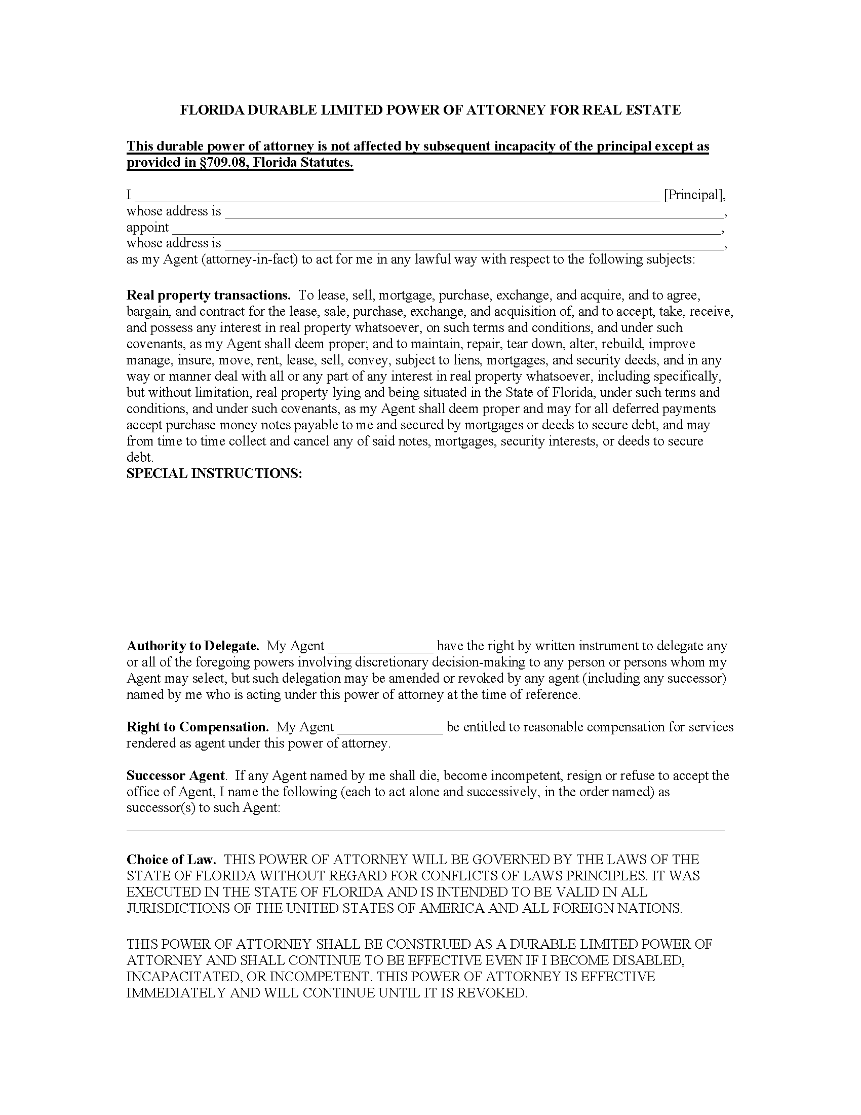 Florida Durable Limited Power of Attorney for Real Estate Image