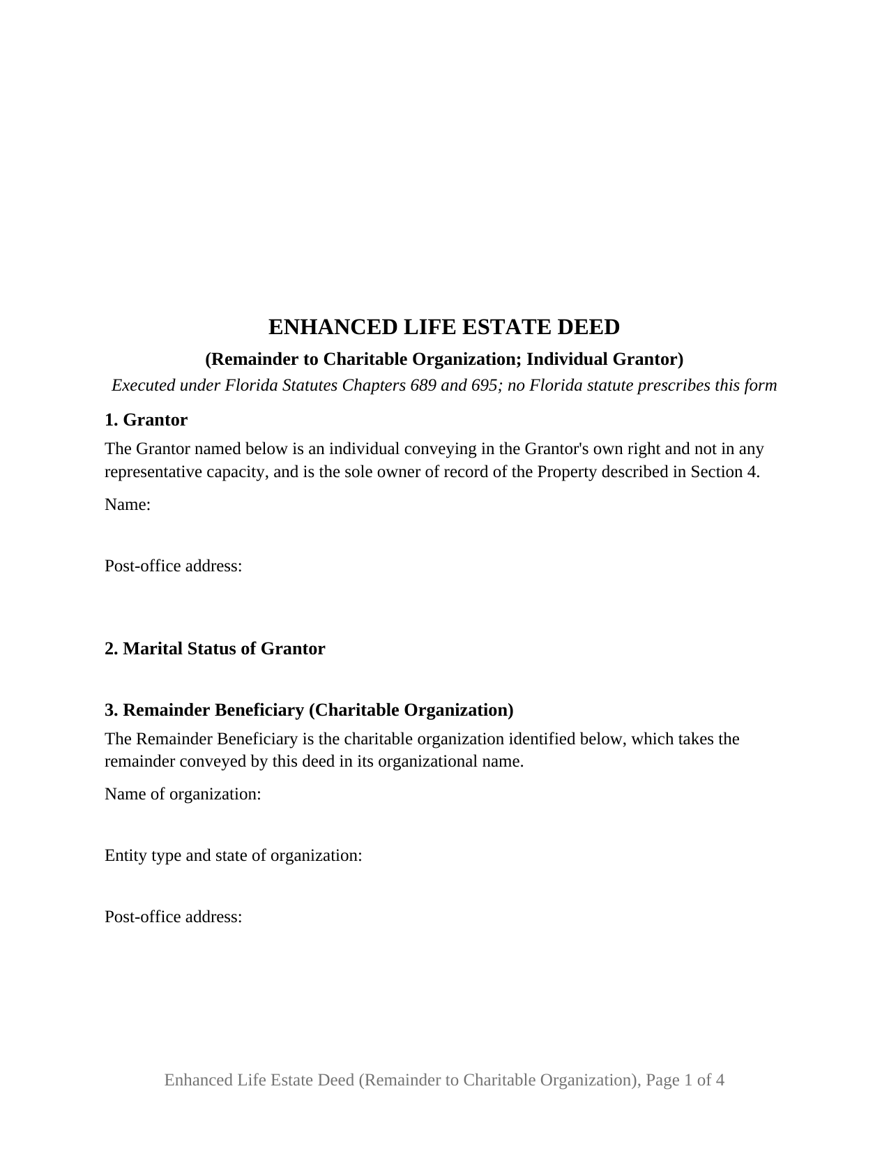 Florida Enhanced Life Estate Deed (Remainder to Charitable Organization (Individual Grantor))